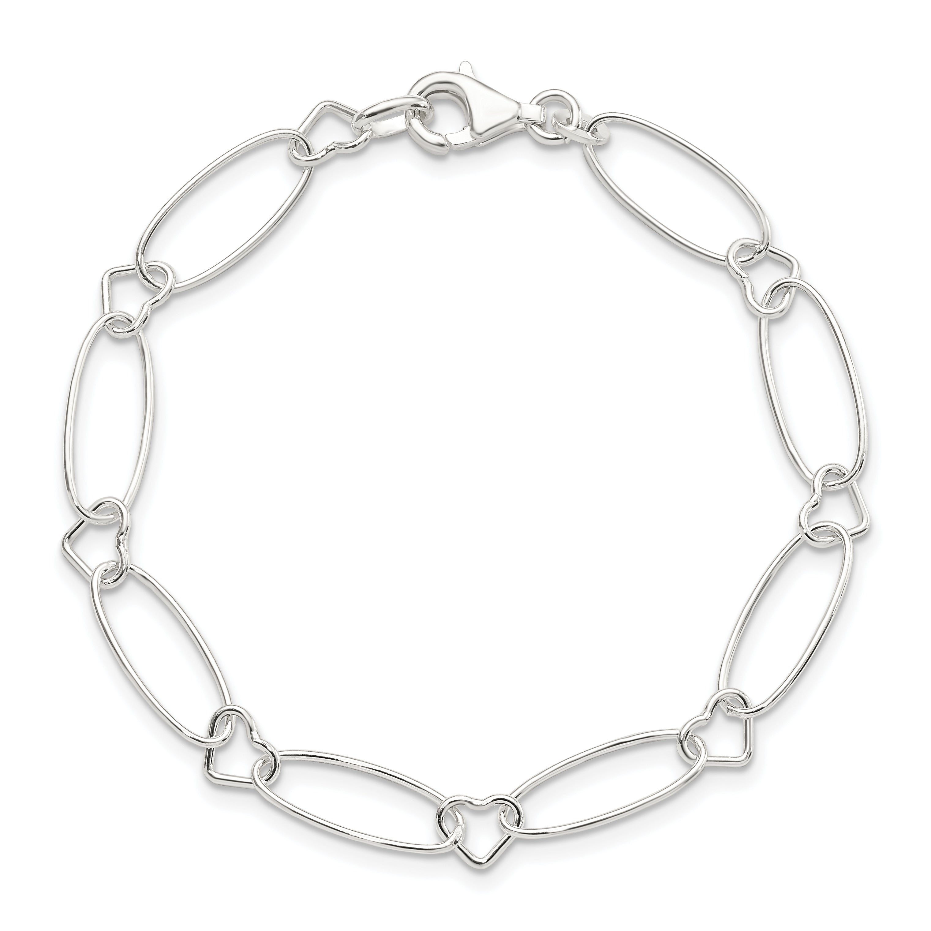 Sterling Silver Oval Link With Hearts Bracelet