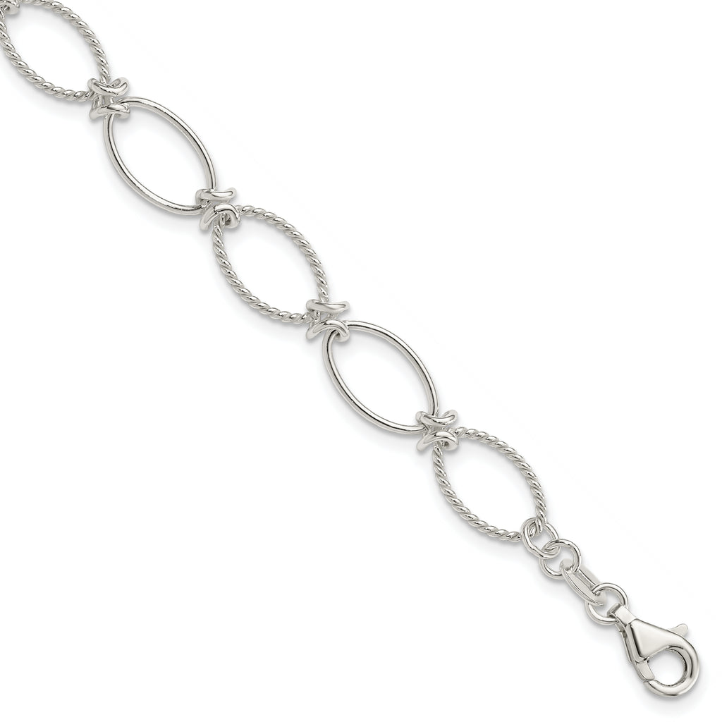 Sterling Silver Polished Textured Fancy Oval Link Bracelet