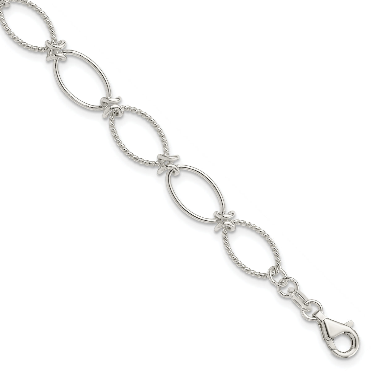 Sterling Silver Polished Textured Fancy Oval Link Bracelet