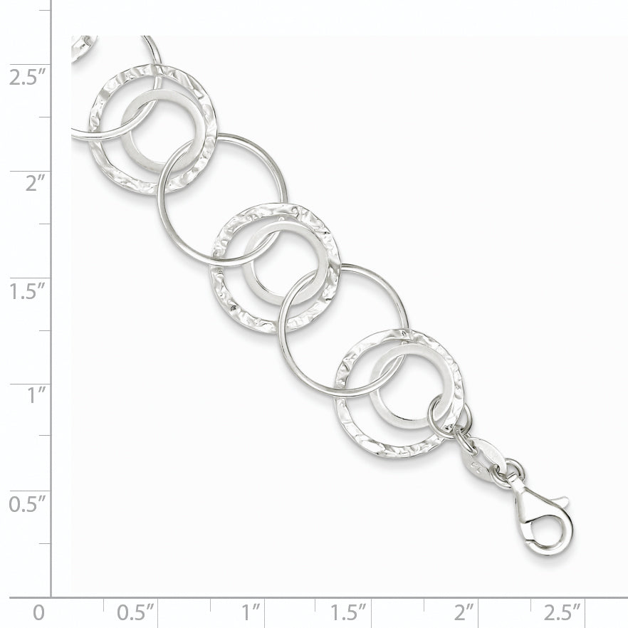 Sterling Silver Polished Textured Fancy Circle Link Bracelet