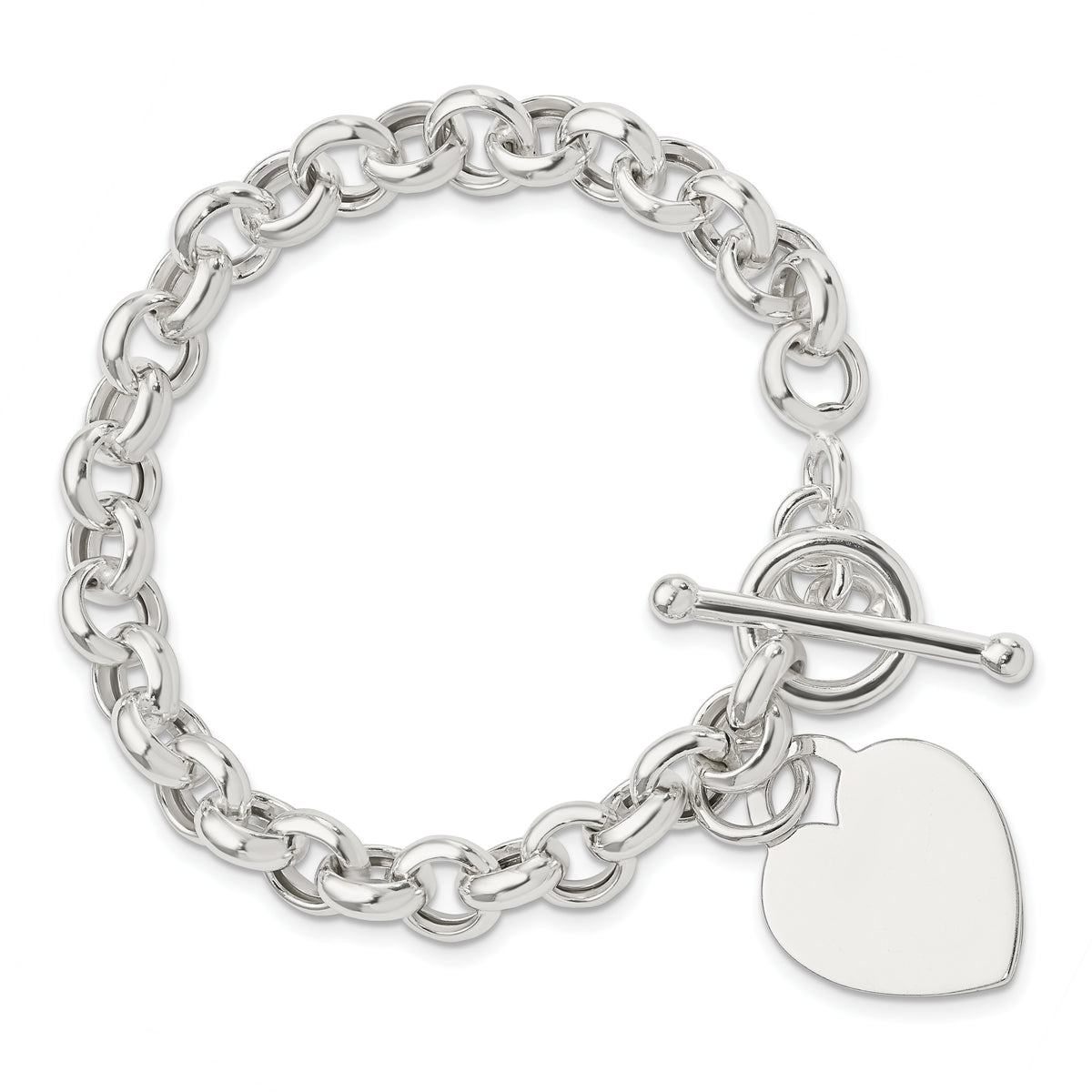 Sterling Silver Engravable 21x20mm Heart Charm Rolo Link 7.5 inch Toggle Bracelet