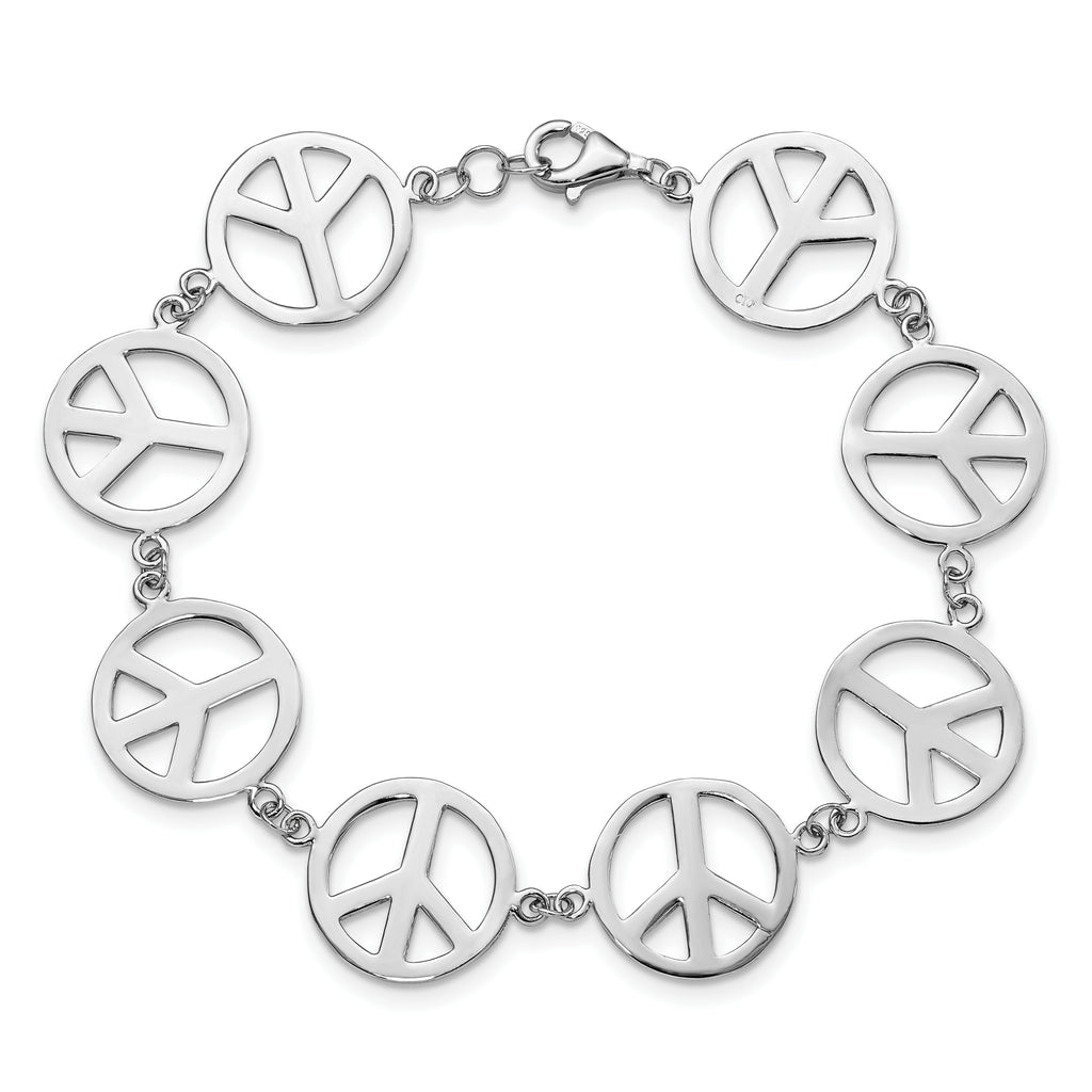 Sterling Silver Rhodium-plated Peace Symbol Link 7.25 inch Bracelet