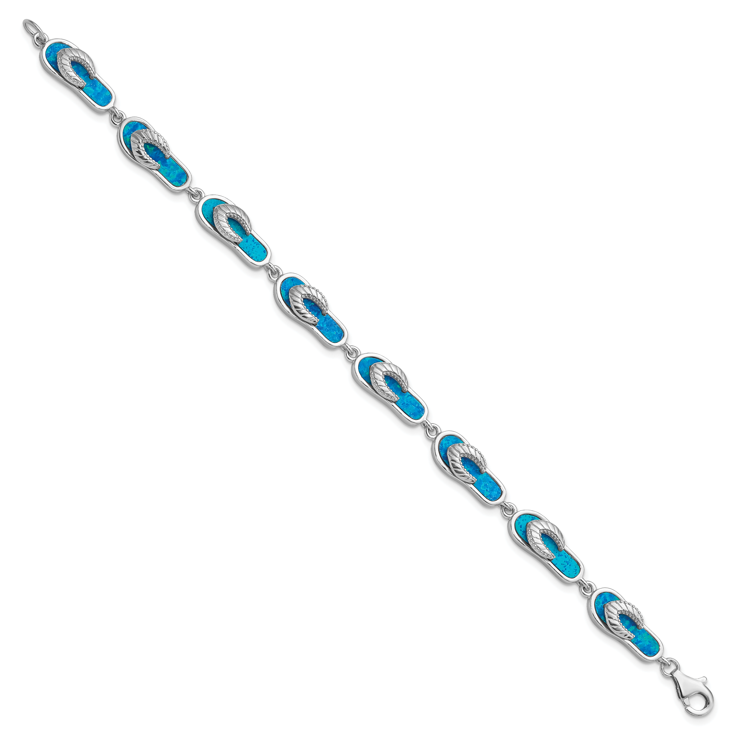 Sterling Silver Rhodium-plated 7in Created Blue Opal Inlay Sandal Bracelet Secondary image