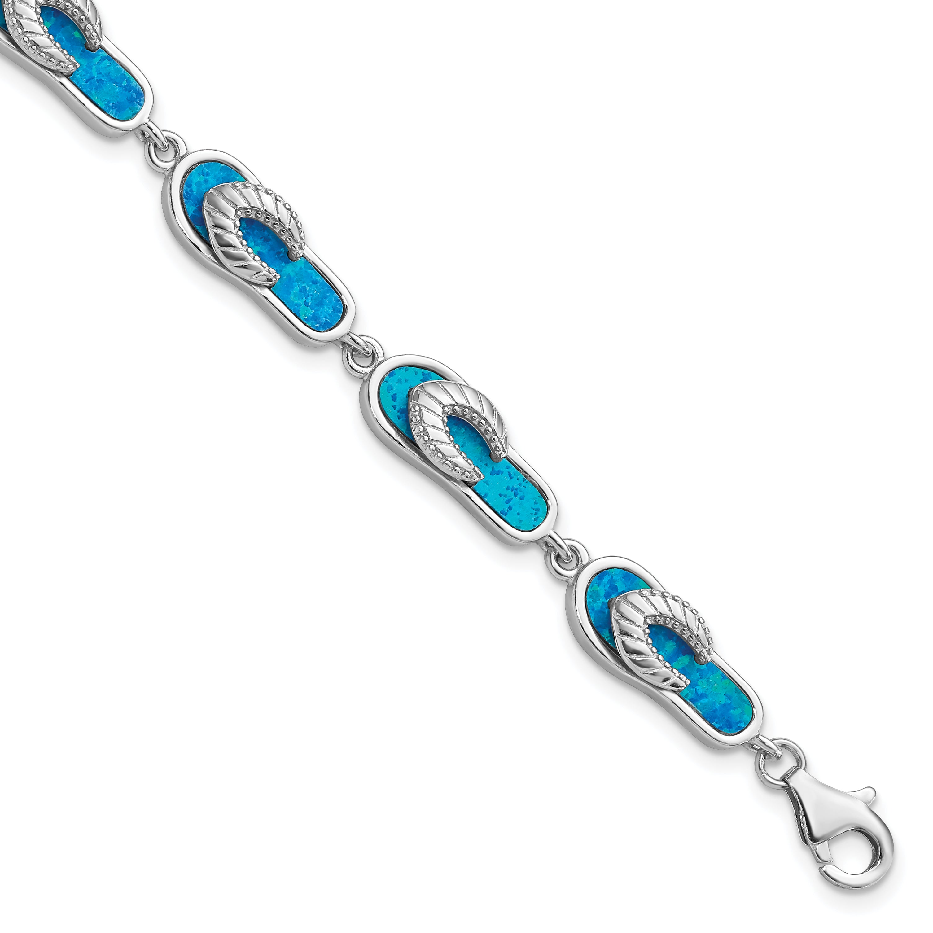 Sterling Silver Rhodium-plated 7in Created Blue Opal Inlay Sandal Bracelet Main image