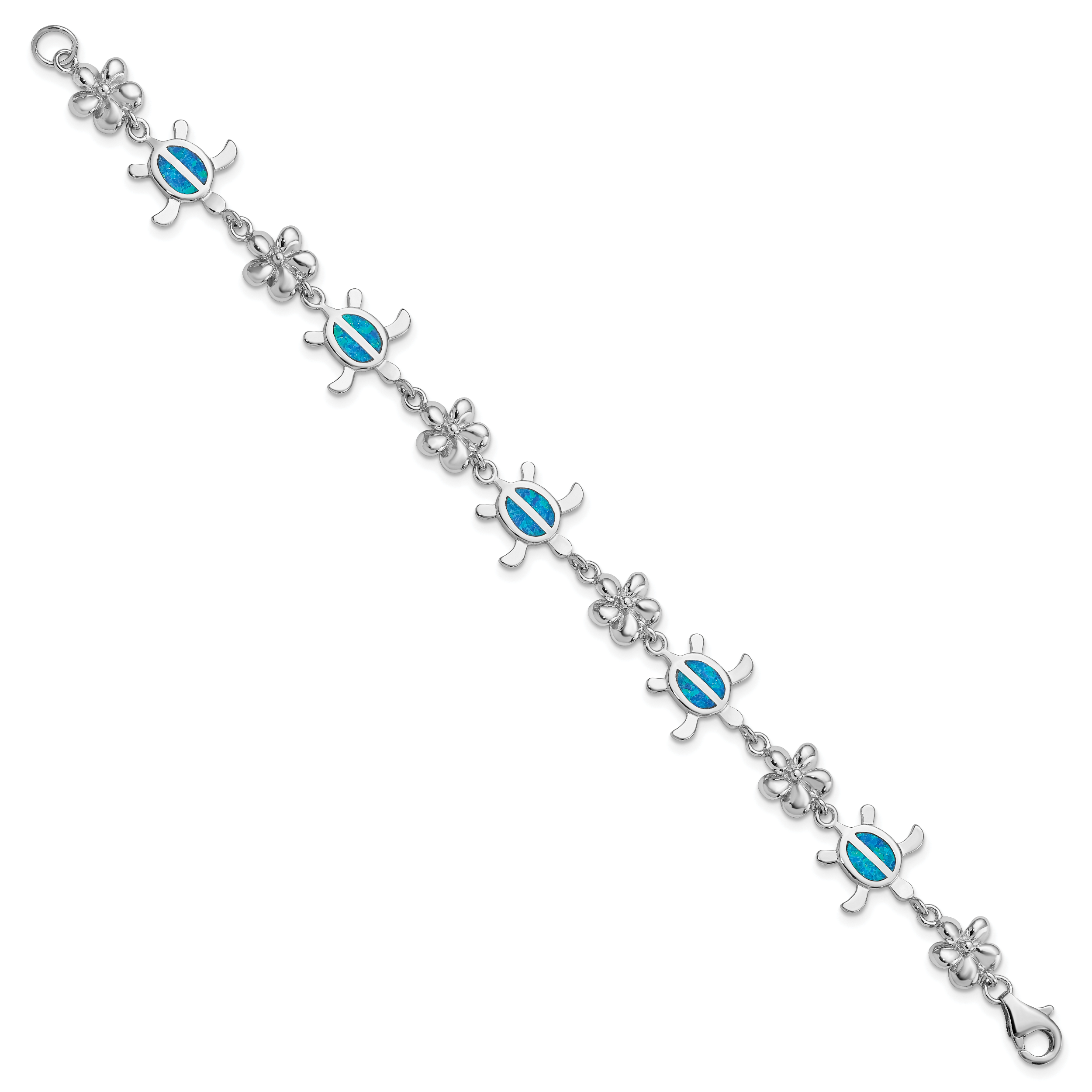 Sterling Silver Rhodium-plated Polished 7 inch Created Blue Opal Tortoise with Flower Bracelet Secondary image