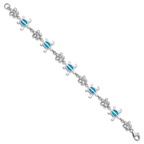 Sterling Silver Rhodium-plated Polished 7 inch Created Blue Opal Tortoise with Flower Bracelet