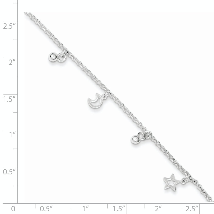Sterling Silver Star and Moon 9 inch Plus 1 inch Extender - Total 10 inch Anklet Secondary image