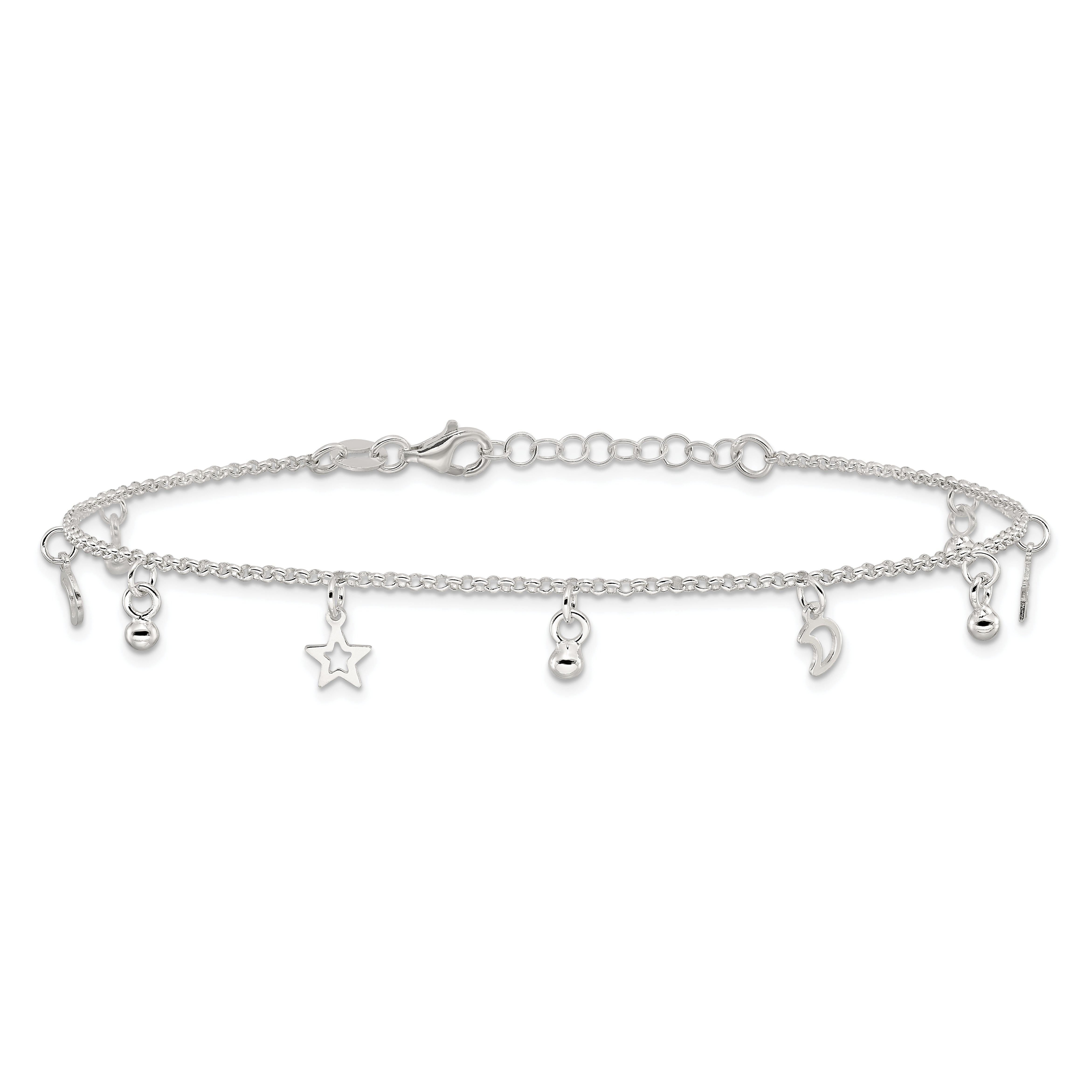Sterling Silver Star and Moon 9 inch Plus 1 inch Extender - Total 10 inch Anklet