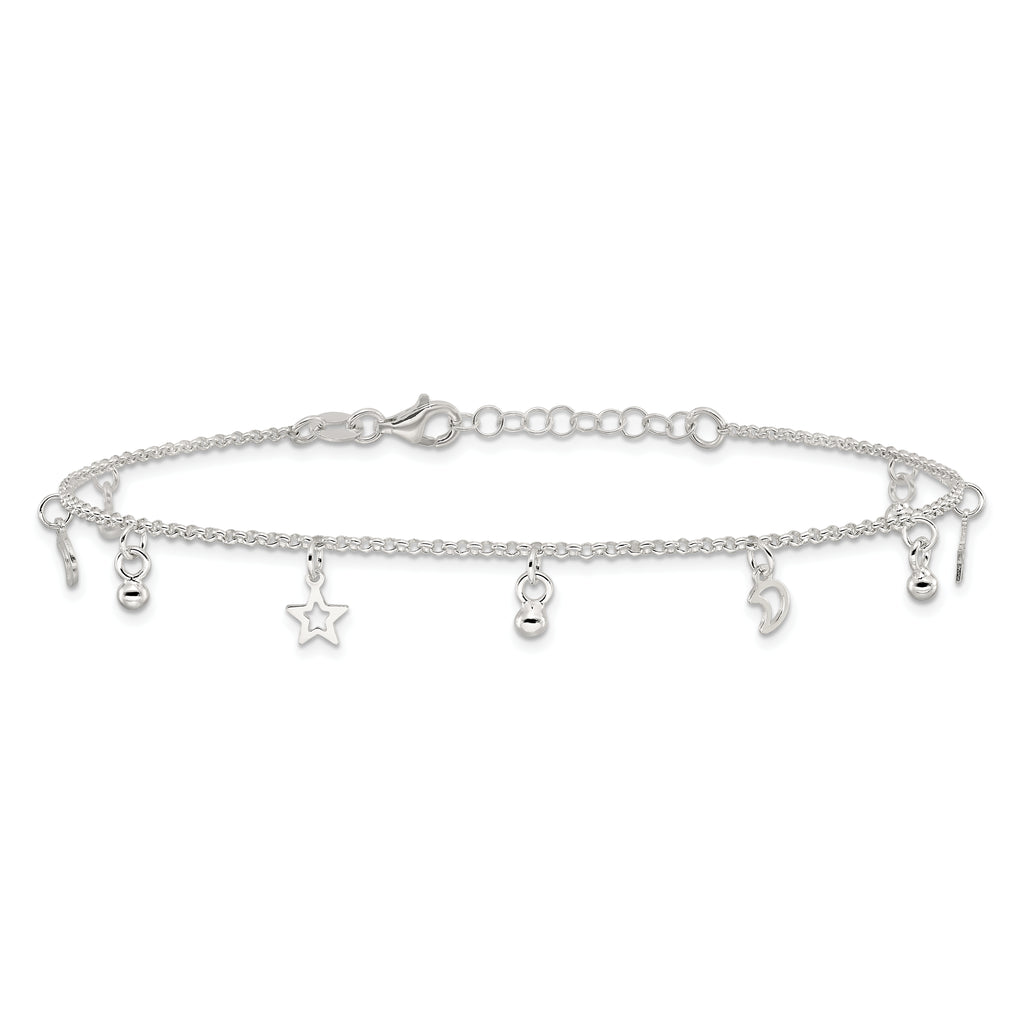 Sterling Silver Star and Moon 9 inch Plus 1 inch Extender - Total 10 inch Anklet