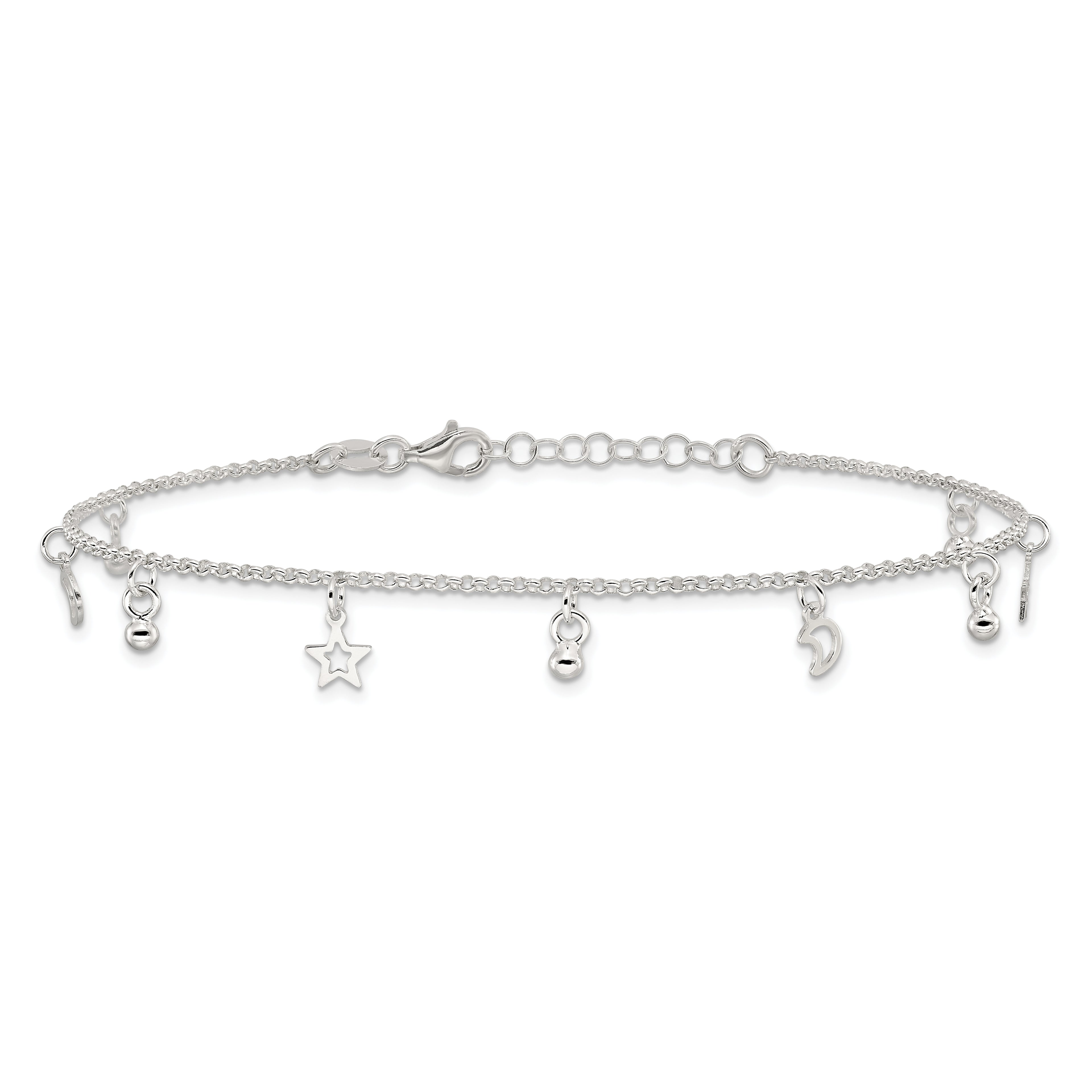 Sterling Silver Star and Moon 9 inch Plus 1 inch Extender - Total 10 inch Anklet