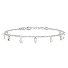 Sterling Silver Star and Moon 9 inch Plus 1 inch Extender - Total 10 inch Anklet