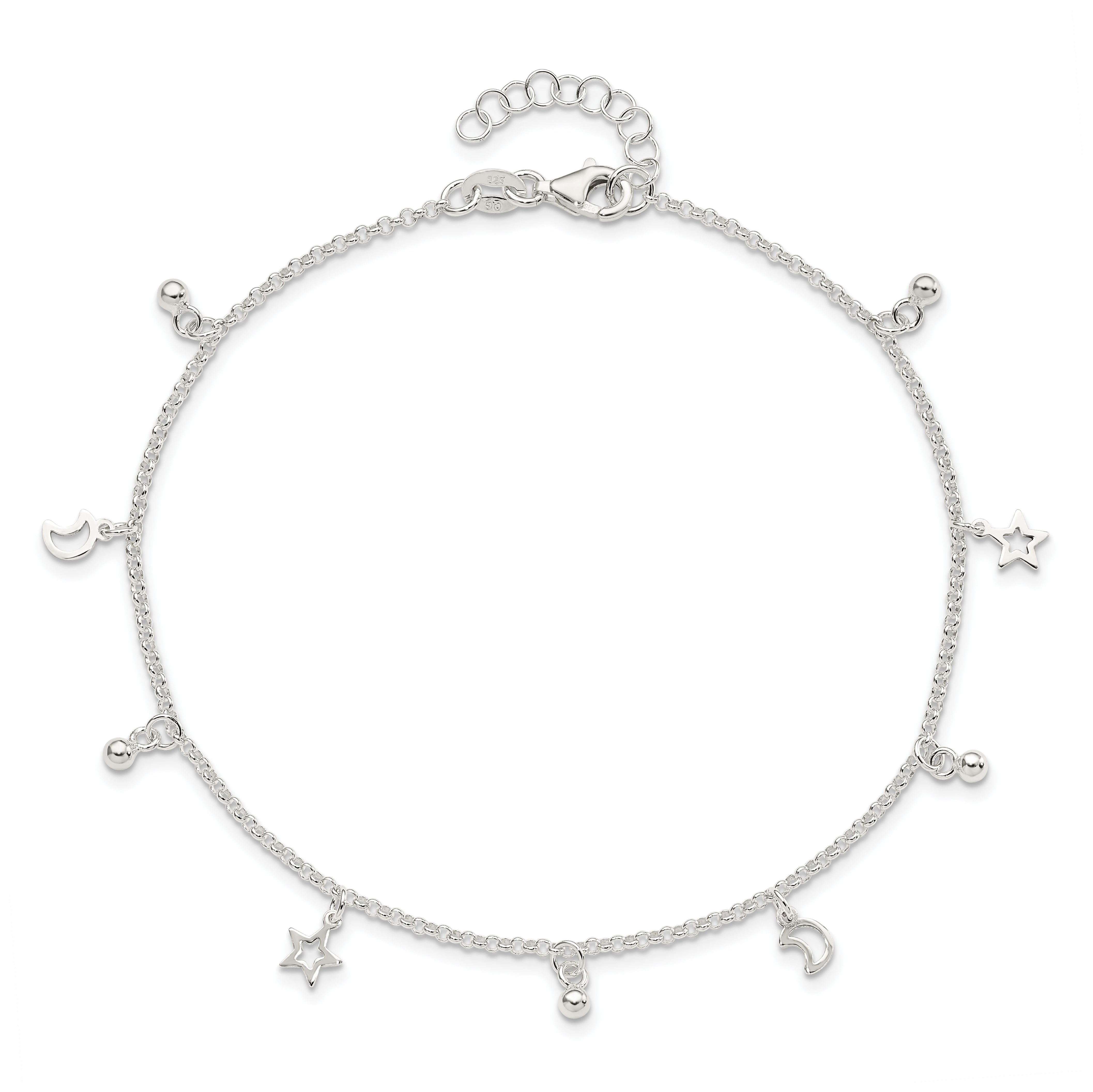 Sterling Silver Star and Moon 9 inch Plus 1 inch Extender - Total 10 inch Anklet