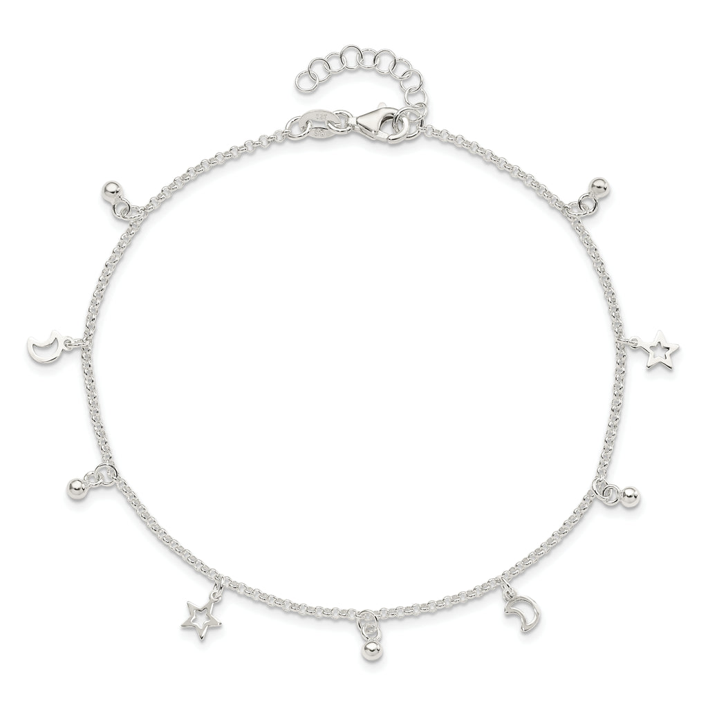 Sterling Silver Star and Moon 9 inch Plus 1 inch Extender - Total 10 inch Anklet