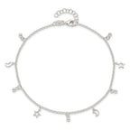 Sterling Silver Star and Moon 9 inch Plus 1 inch Extender - Total 10 inch Anklet