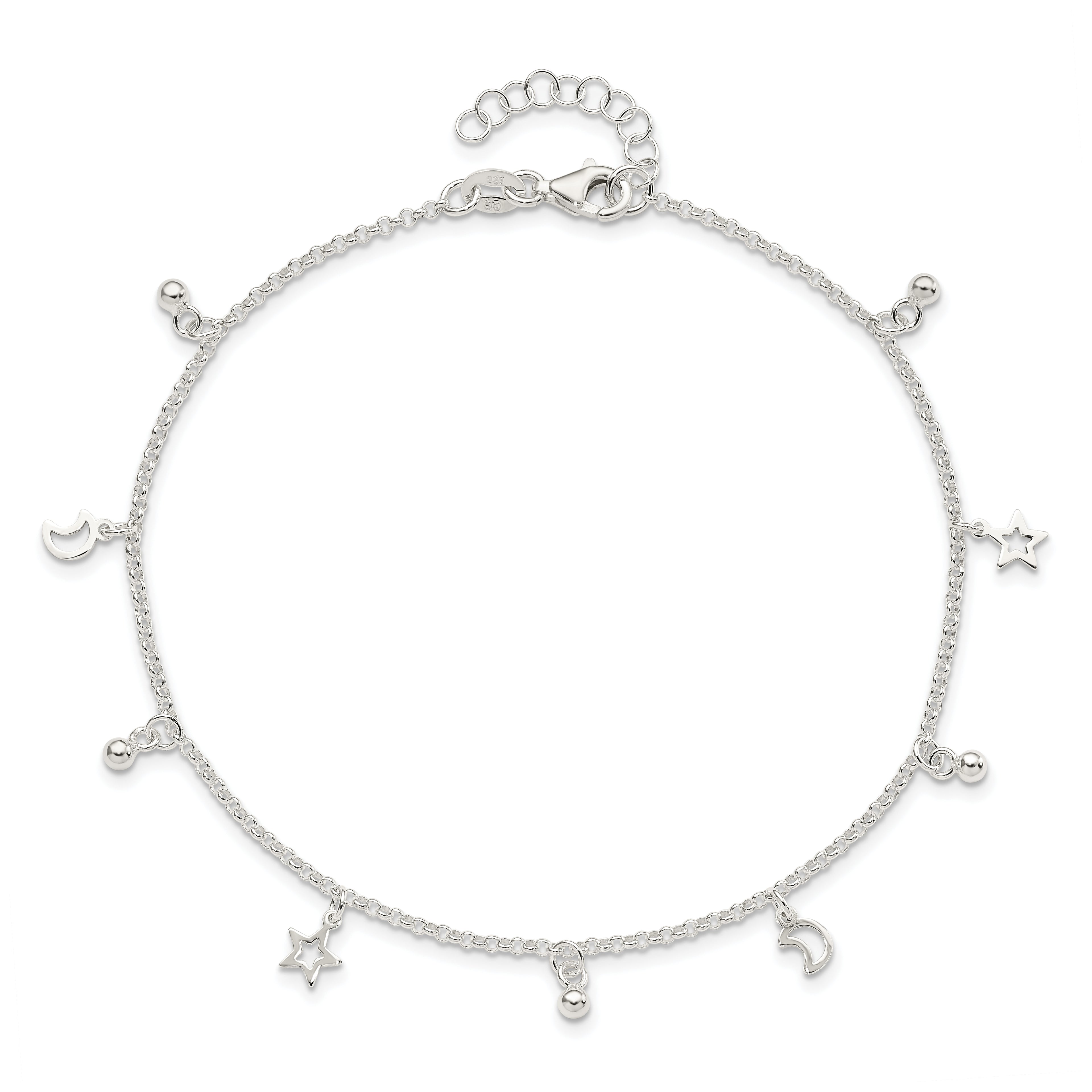 Sterling Silver Star and Moon 9 inch Plus 1 inch Extender - Total 10 inch Anklet