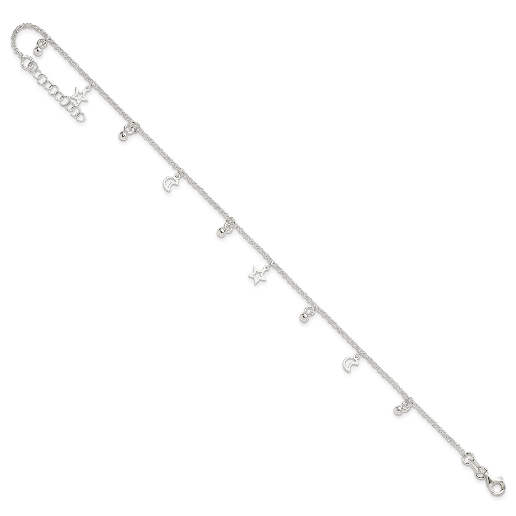 Sterling Silver Star and Moon 9 inch Plus 1 inch Extender - Total 10 inch Anklet