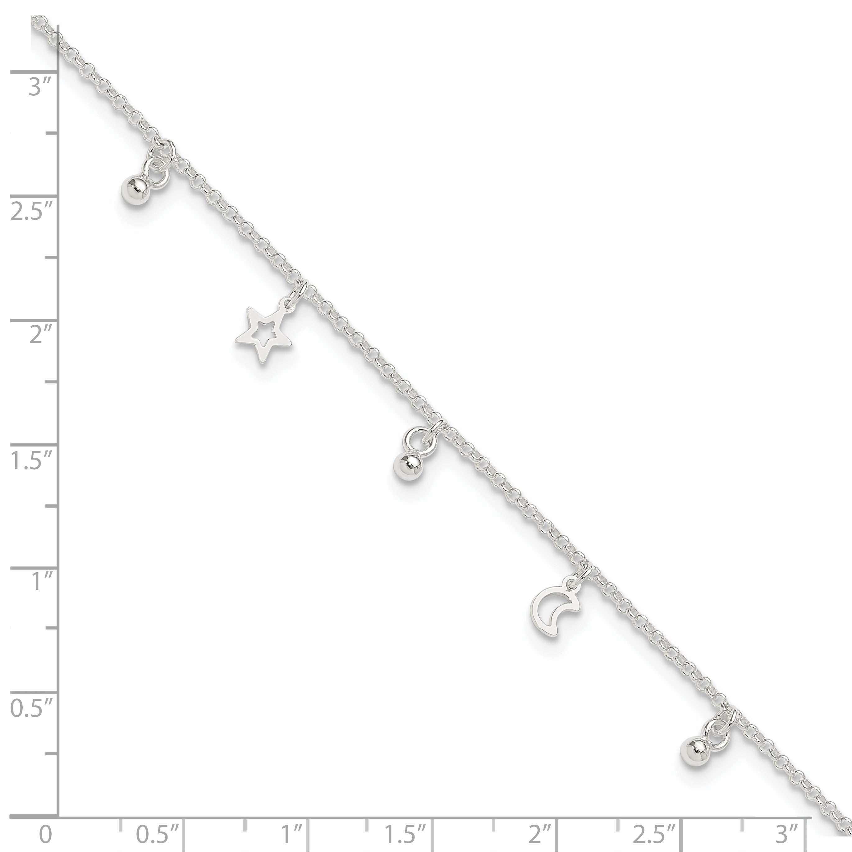 Sterling Silver Star and Moon 9 inch Plus 1 inch Extender - Total 10 inch Anklet
