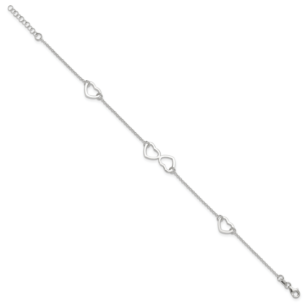 Sterling Silver Hearts 9 inch Plus 1 inch Extender - Total 10 inch Anklet