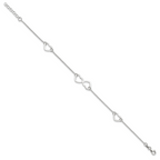 Sterling Silver Hearts 9 inch Plus 1 inch Extender - Total 10 inch Anklet