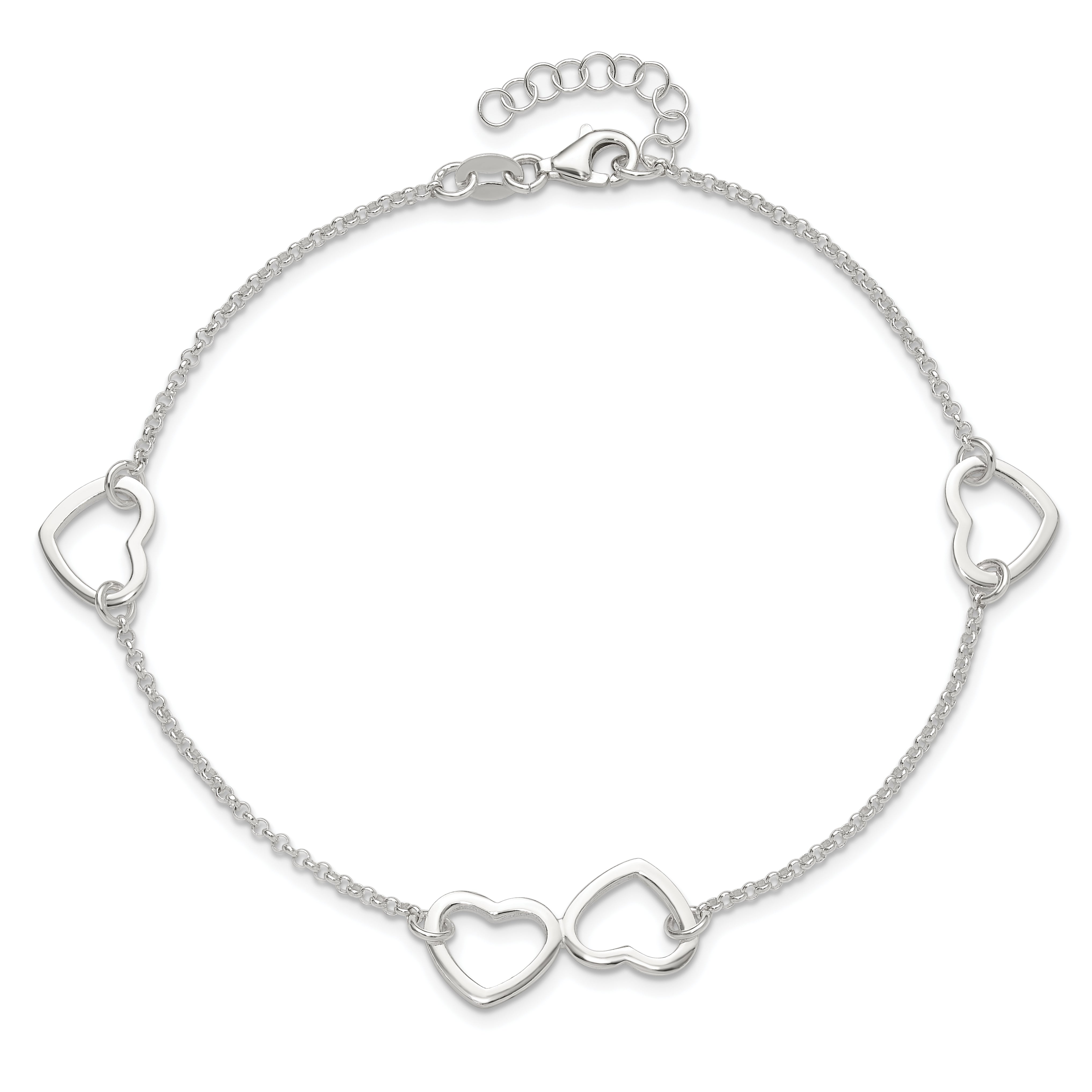 Sterling Silver Hearts 9 inch Plus 1 inch Extender - Total 10 inch Anklet