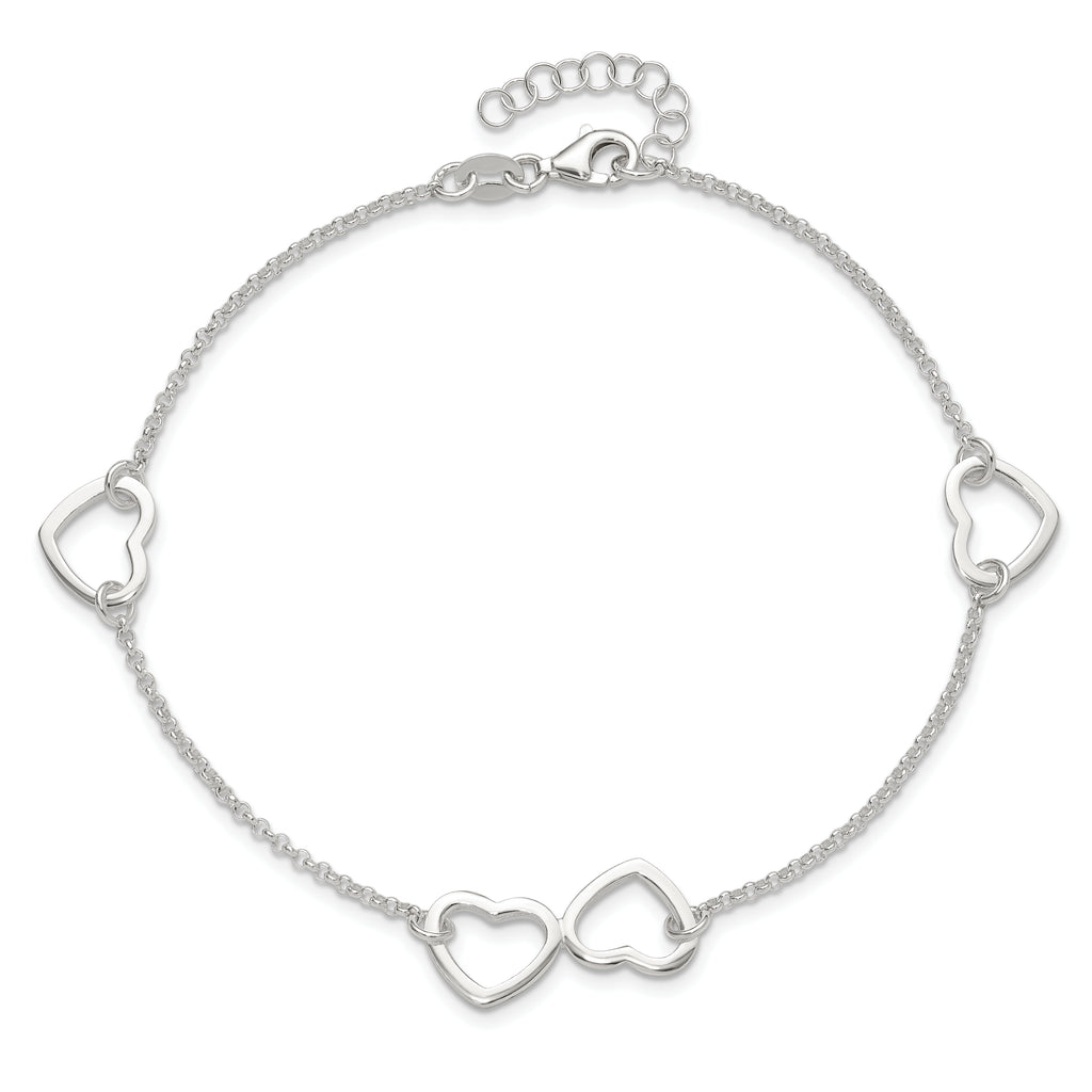 Sterling Silver Hearts 9 inch Plus 1 inch Extender - Total 10 inch Anklet