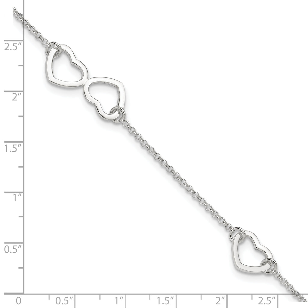 Sterling Silver Hearts 9 inch Plus 1 inch Extender - Total 10 inch Anklet