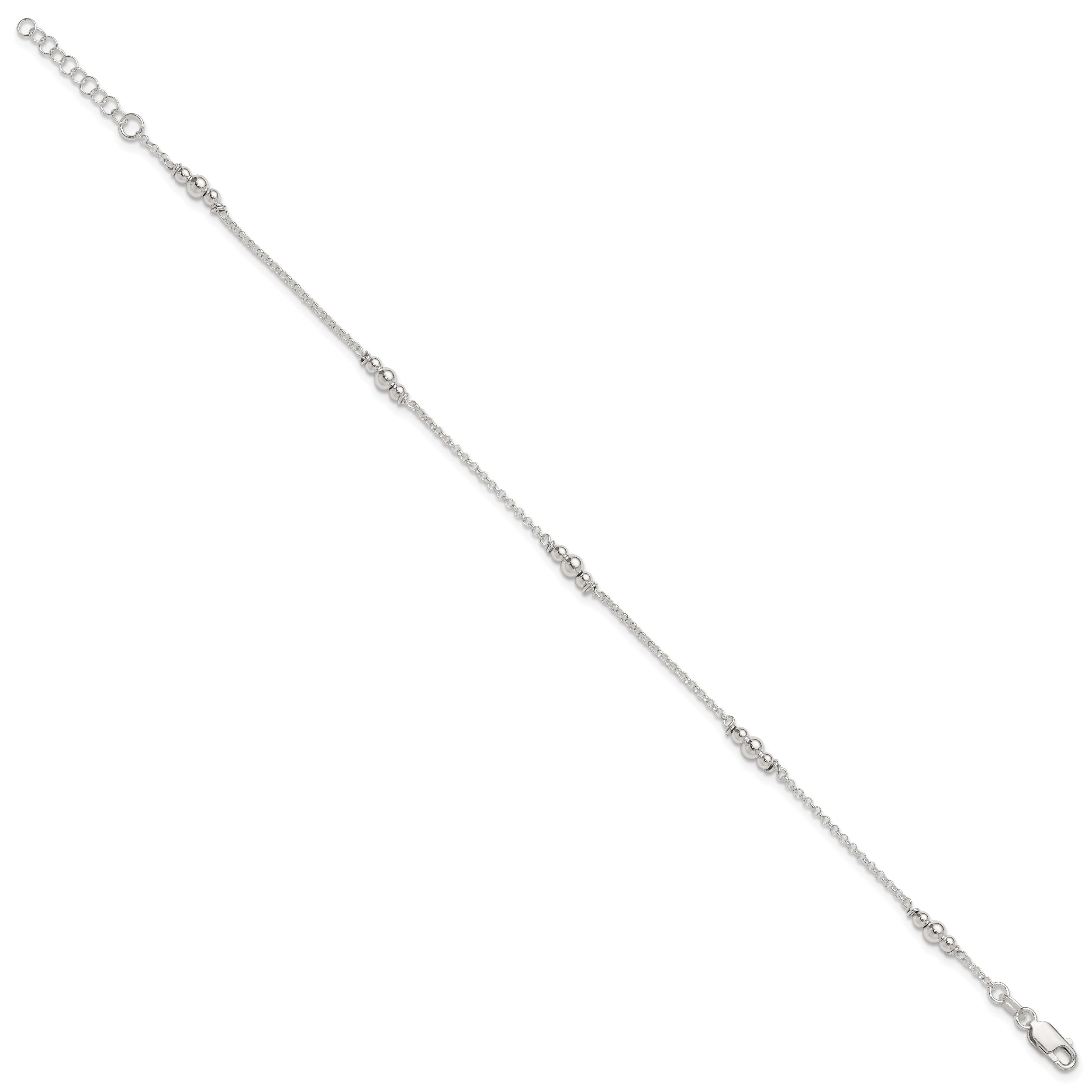 Sterling Silver Beaded 5-Station 10 inch Plus 1 inch Extender - Total 11 inch Anklet