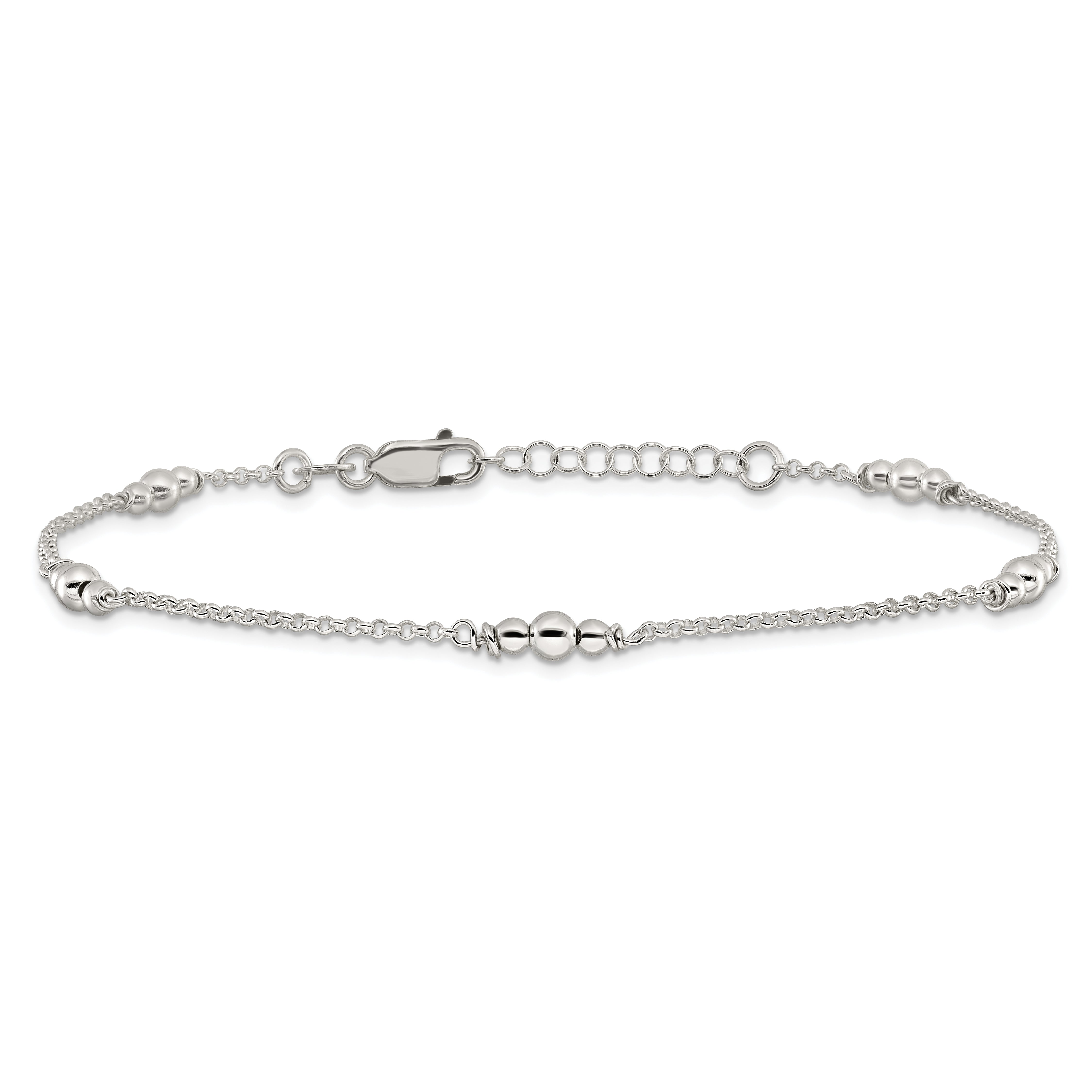 Sterling Silver Beaded 5-Station 10 inch Plus 1 inch Extender - Total 11 inch Anklet