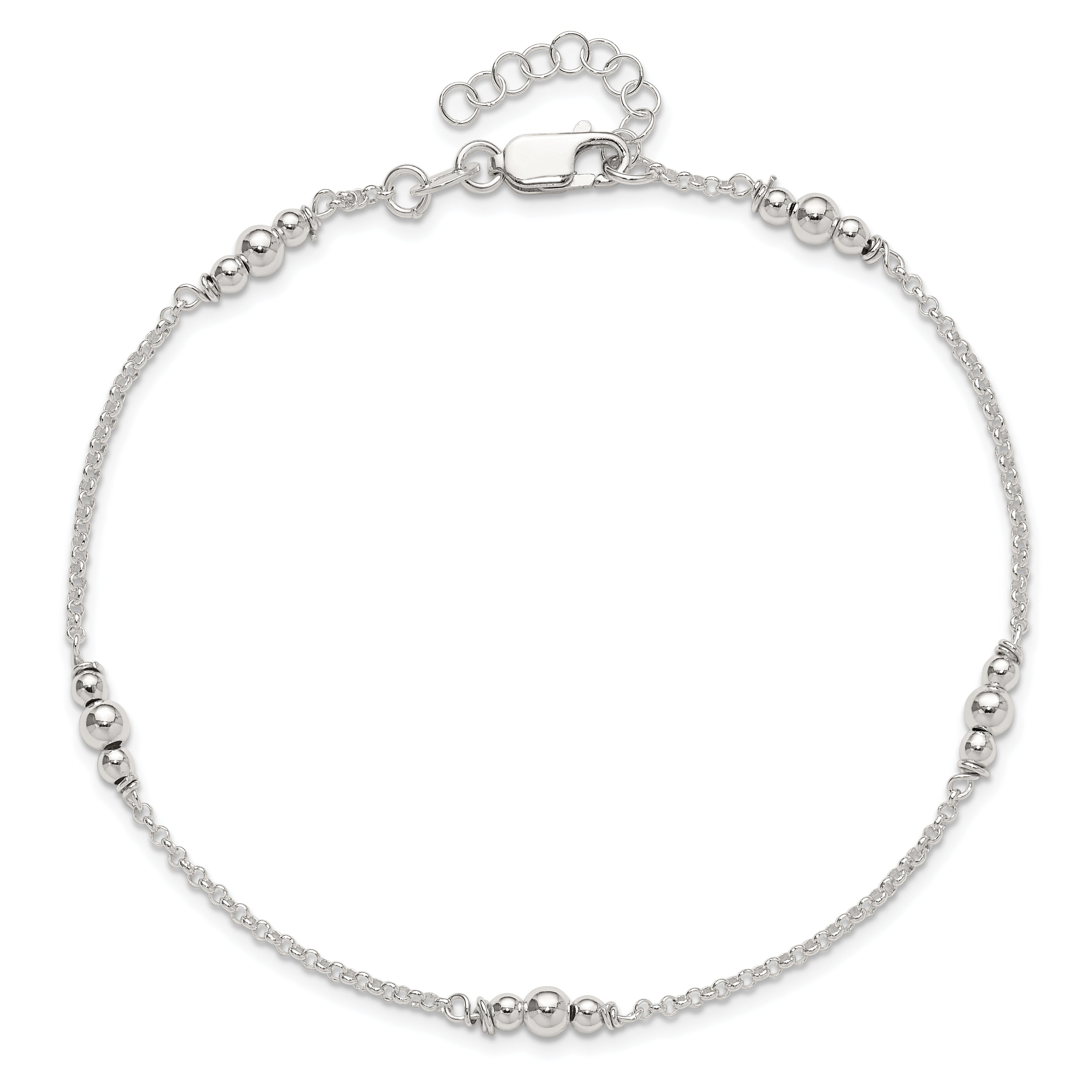 Sterling Silver Beaded 5-Station 10 inch Plus 1 inch Extender - Total 11 inch Anklet