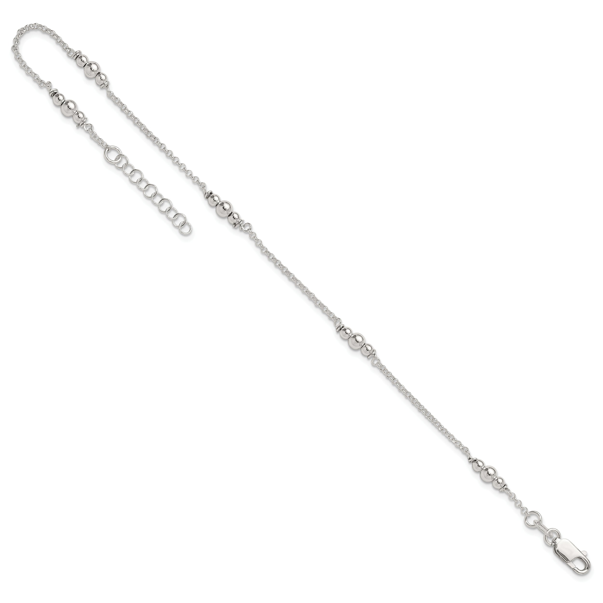 Sterling Silver Beaded 5-Station 9 inch Plus 1 inch Extender - Total 10 inch Anklet