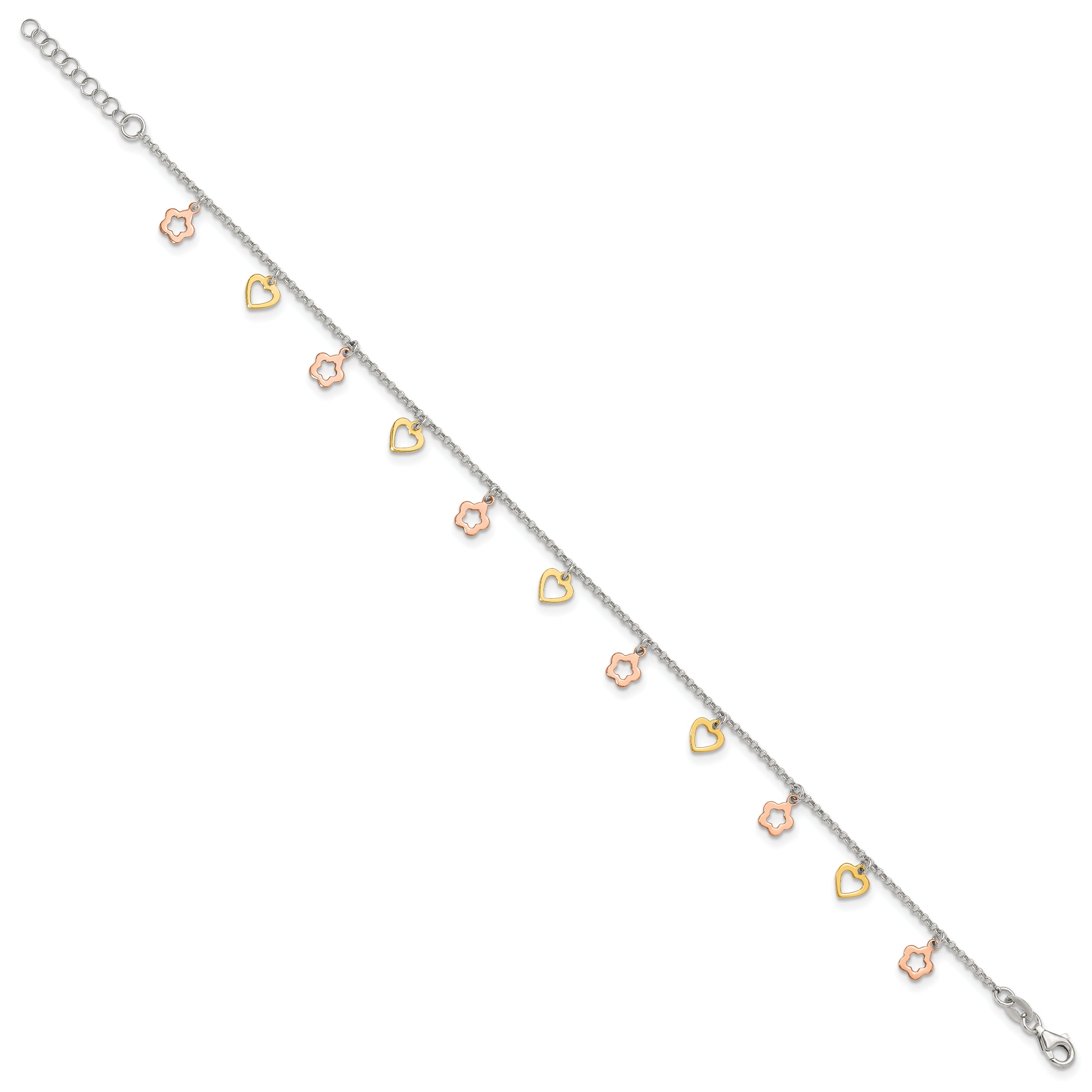 Sterling Silver Gold-tone Hearts and Rose-tone Flowers 9 inch Plus 1 inch Extender - Total 10 inch Anklet