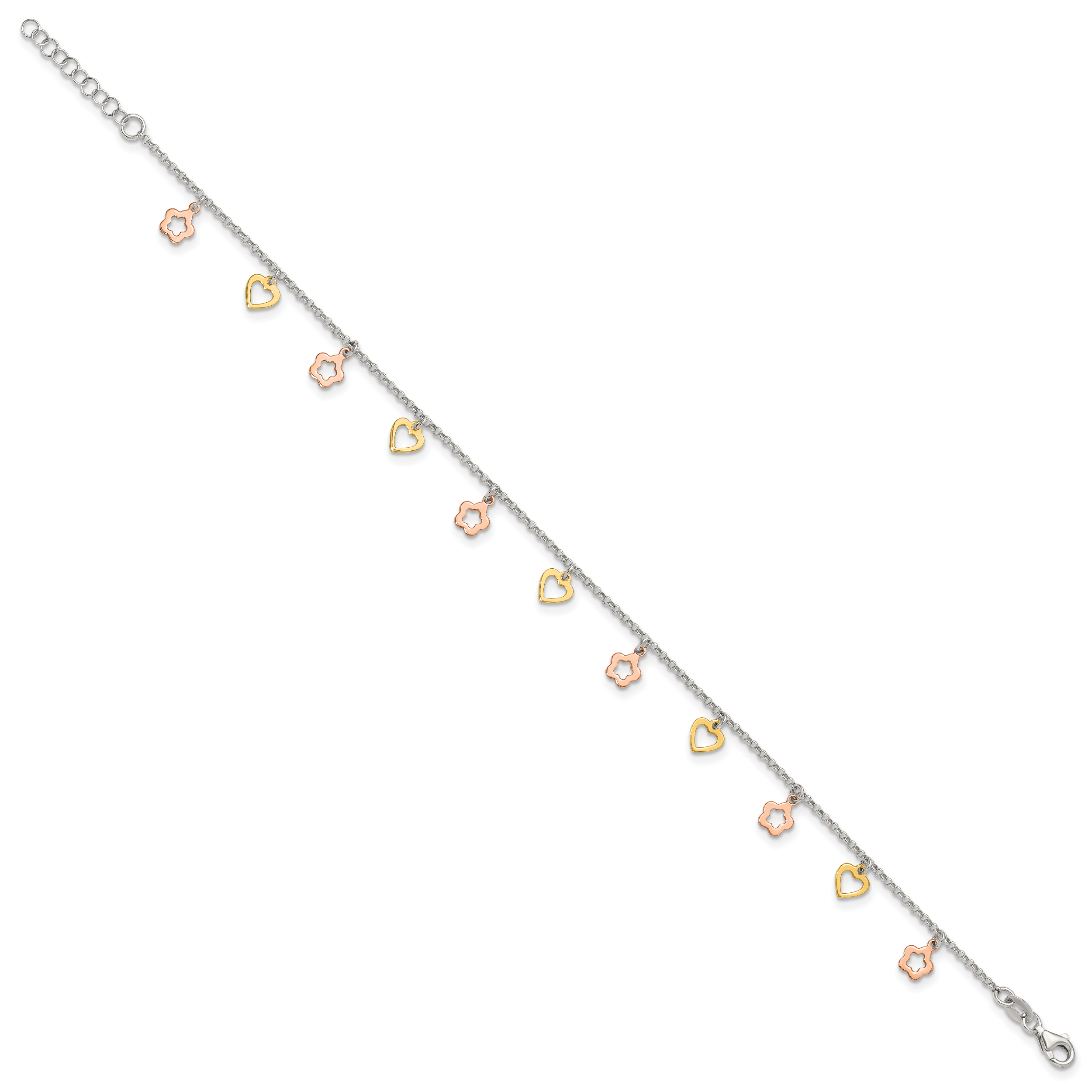 Sterling Silver Gold-tone Hearts and Rose-tone Flowers 9 inch Plus 1 inch Extender - Total 10 inch Anklet Secondary image