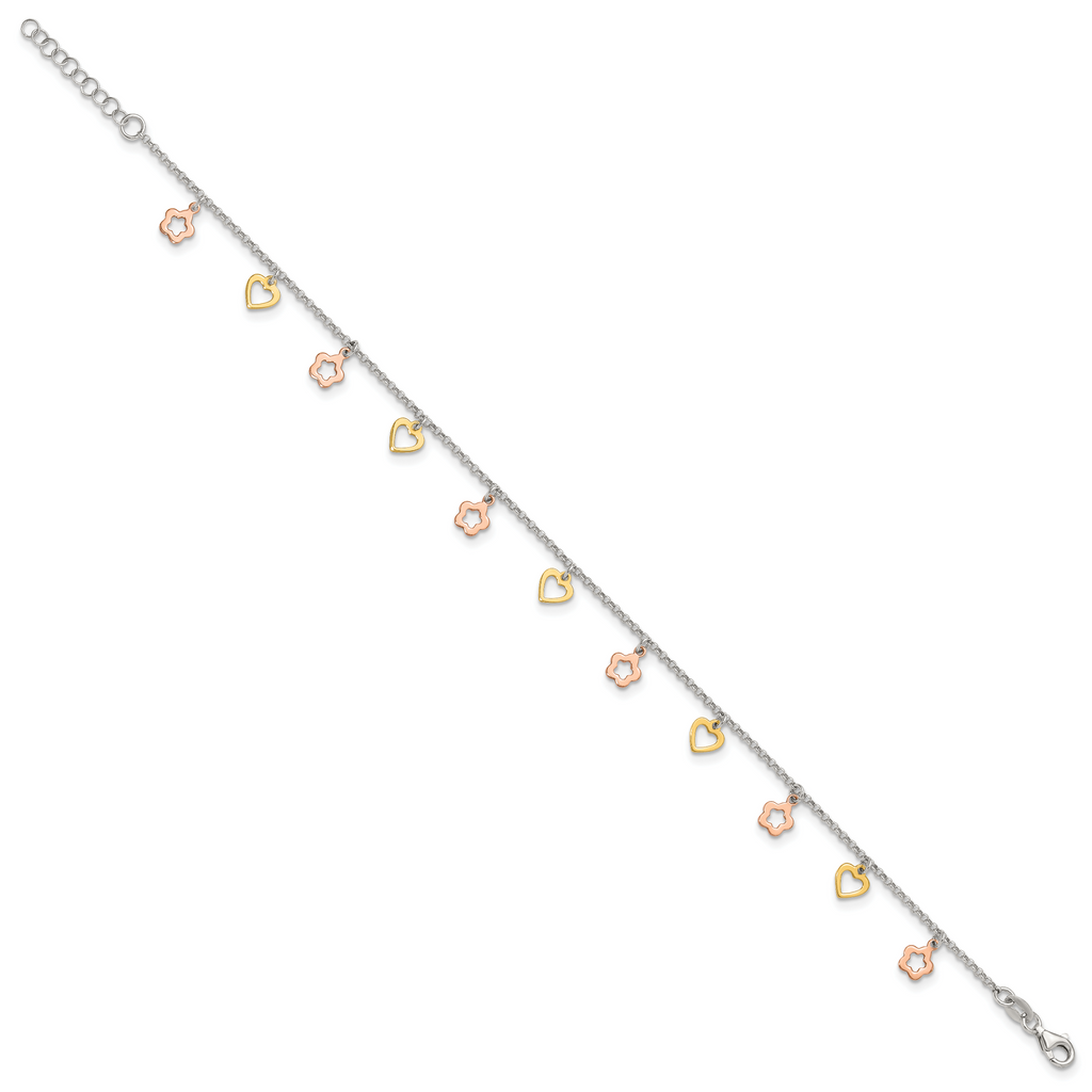 Sterling Silver Gold-tone Hearts and Rose-tone Flowers 9 inch Plus 1 inch Extender - Total 10 inch Anklet