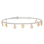 Sterling Silver Gold-tone Hearts and Rose-tone Flowers 9 inch Plus 1 inch Extender - Total 10 inch Anklet