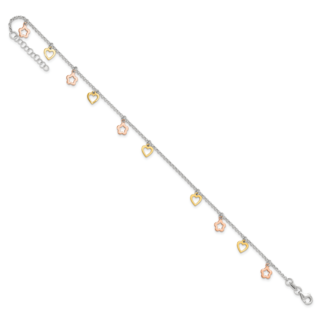 Sterling Silver Gold-tone Hearts and Rose-tone Flowers 9 inch Plus 1 inch Extender - Total 10 inch Anklet