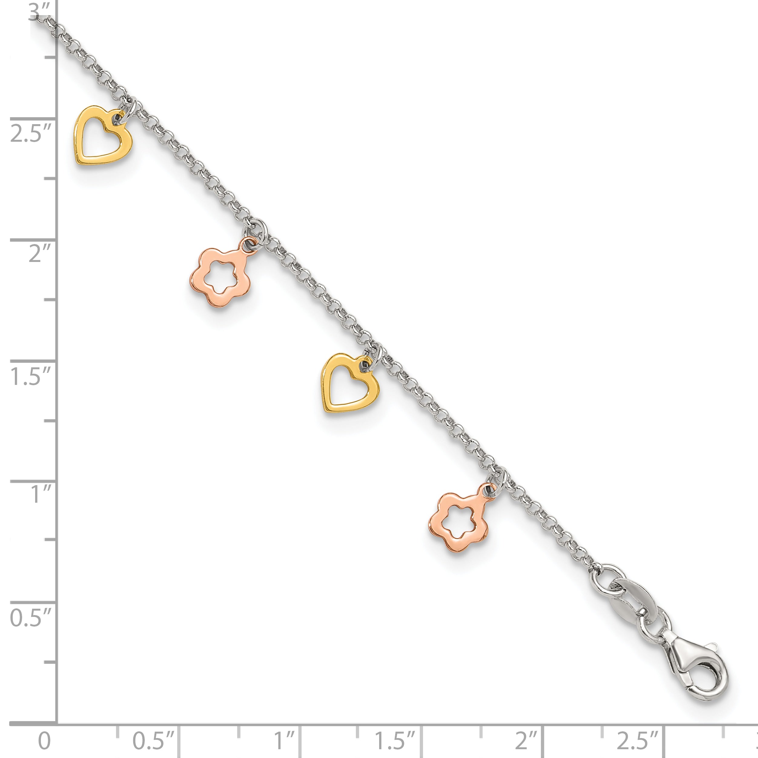 Sterling Silver Gold-tone Hearts and Rose-tone Flowers 9 inch Plus 1 inch Extender - Total 10 inch Anklet