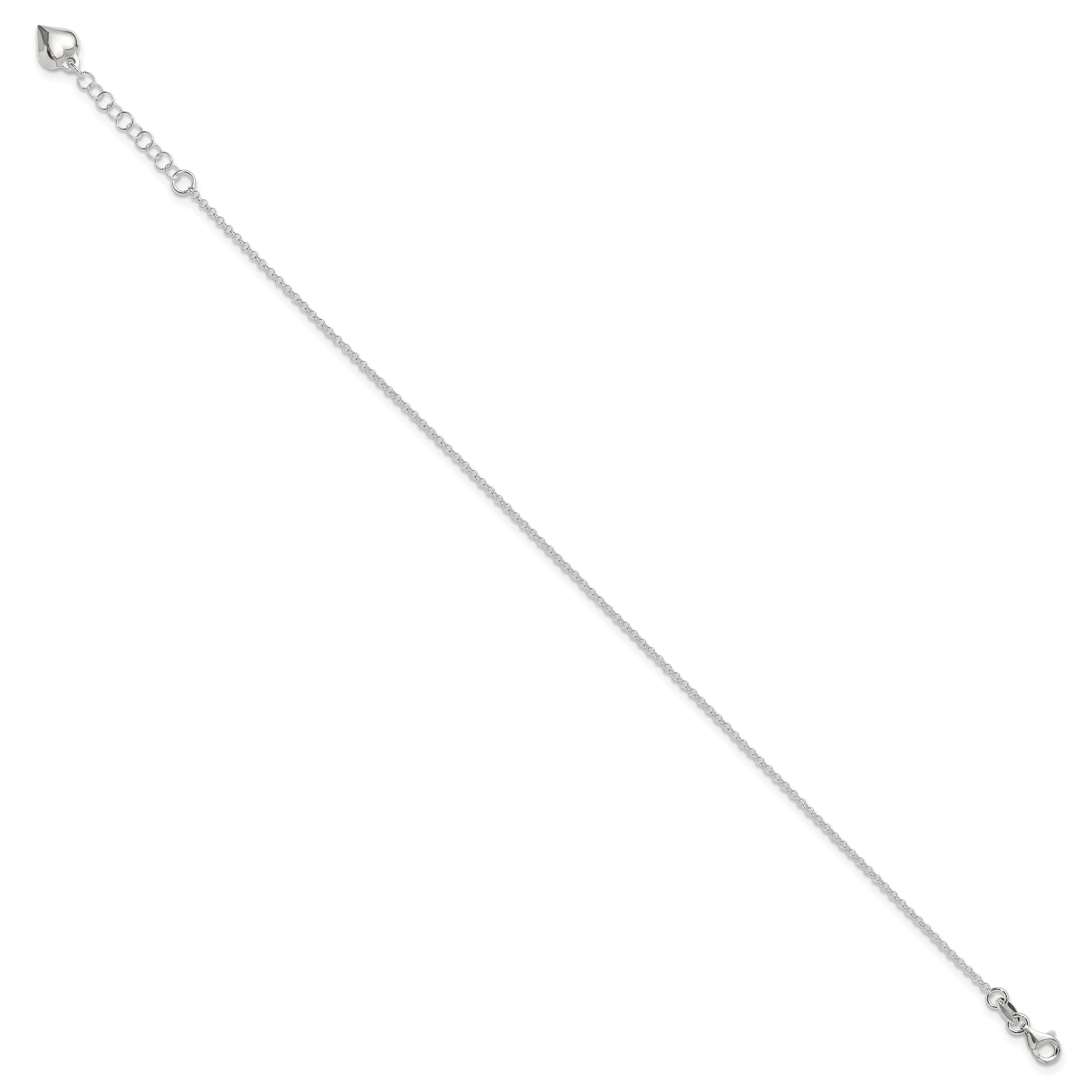 Sterling Silver Puffed Heart Dangle 9 inch Plus 1 inch Extender - Total 10 inch Anklet