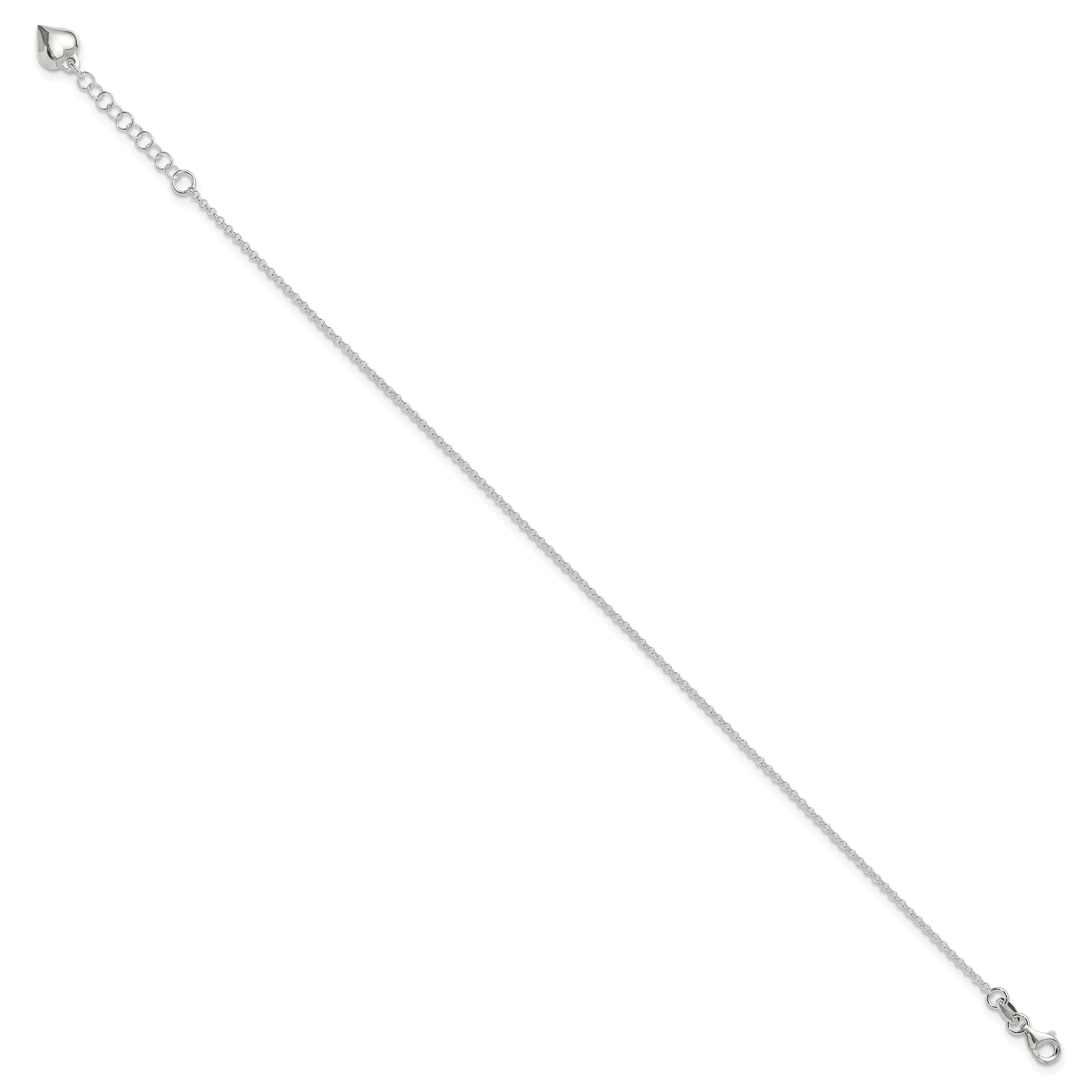 Sterling Silver Puffed Heart Dangle 9 inch Plus 1 inch Extender - Total 10 inch Anklet