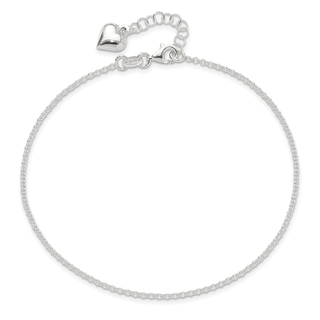 Sterling Silver Puffed Heart Dangle 9 inch Plus 1 inch Extender - Total 10 inch Anklet