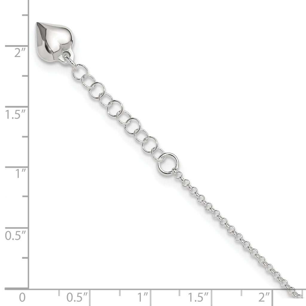 Sterling Silver Puffed Heart Dangle 9 inch Plus 1 inch Extender - Total 10 inch Anklet