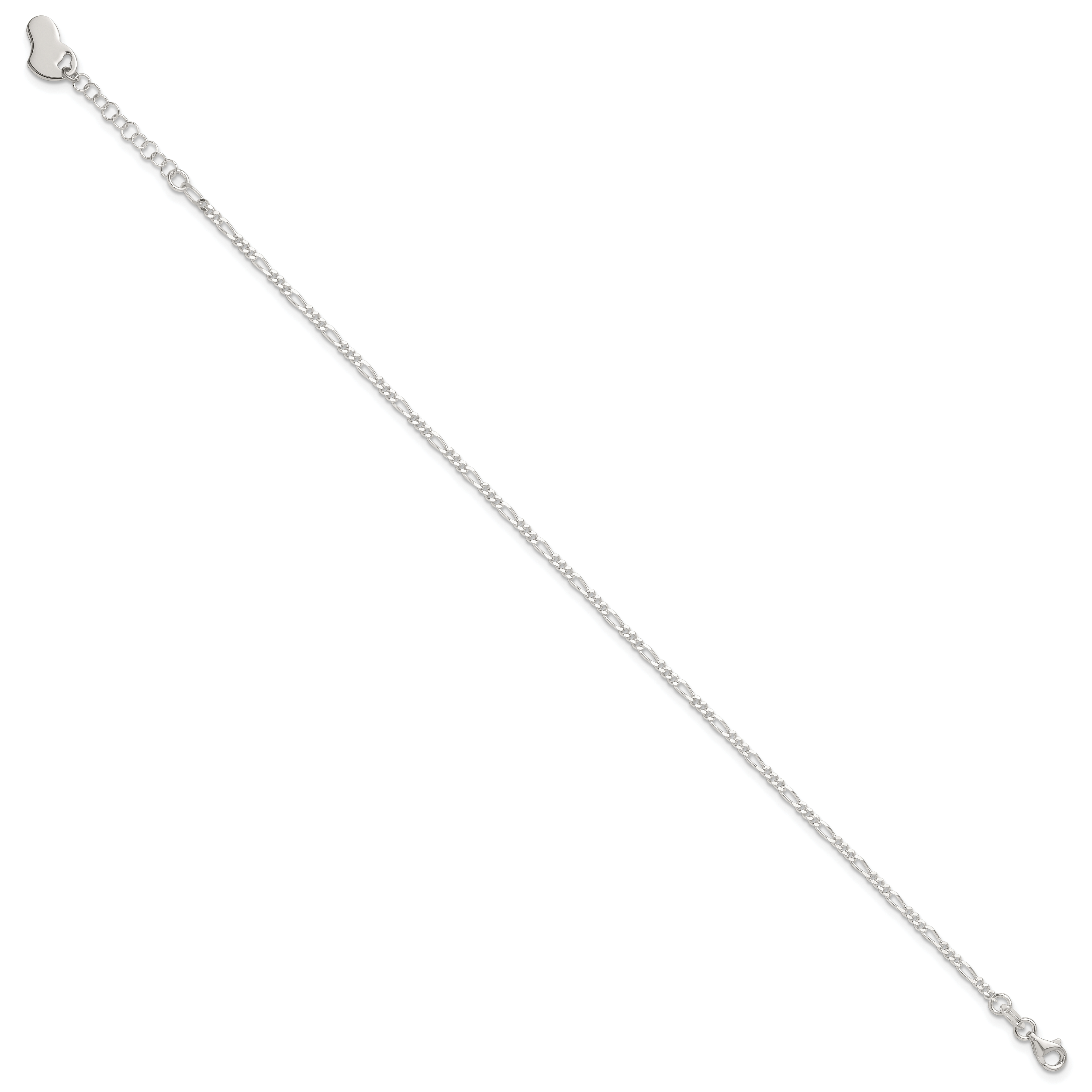 Sterling Silver Figaro with Heart Dangle 9 inch Plus 1 inch Extender - Total 10 inch Anklet Secondary image