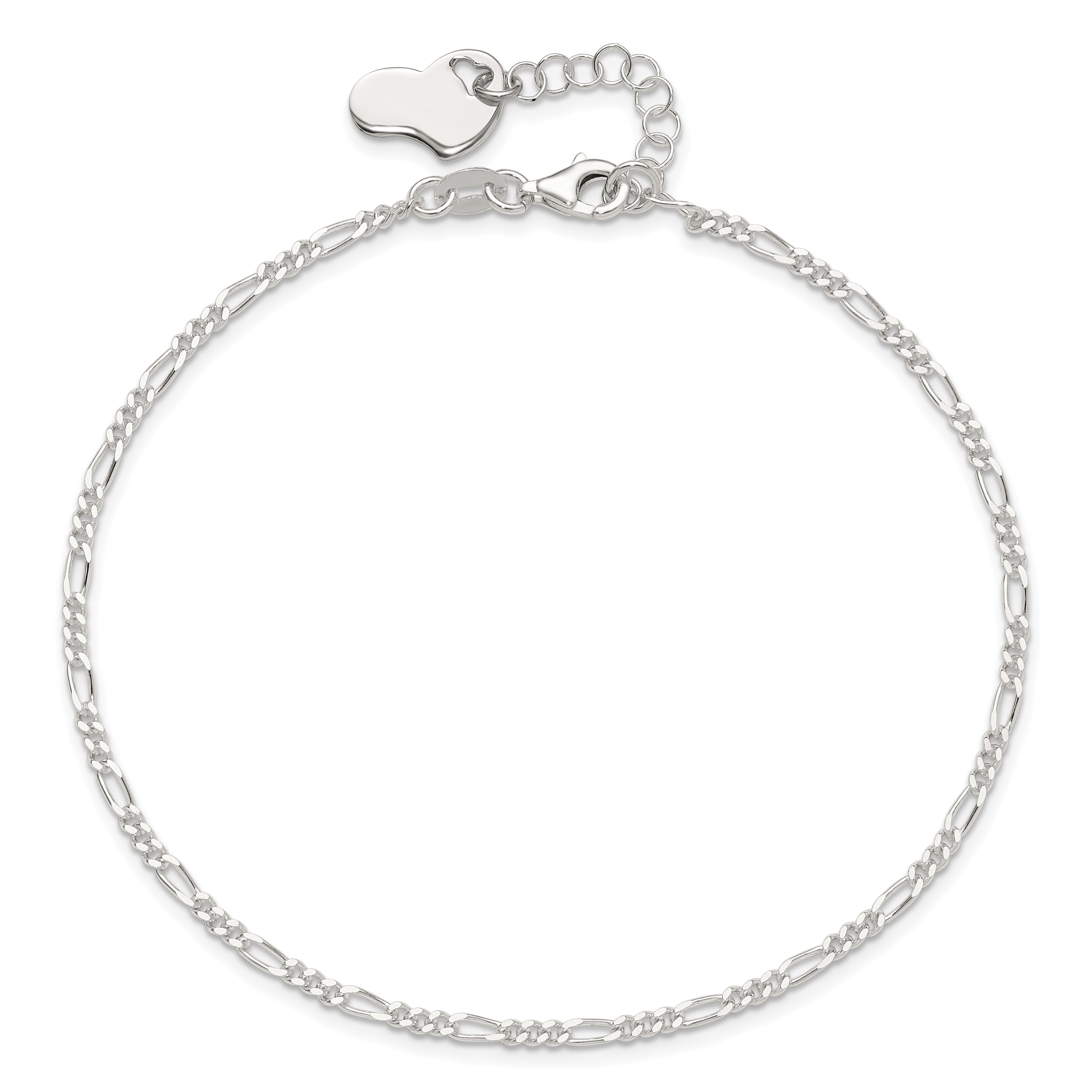 Sterling Silver Figaro with Heart Dangle 9 inch Plus 1 inch Extender - Total 10 inch Anklet