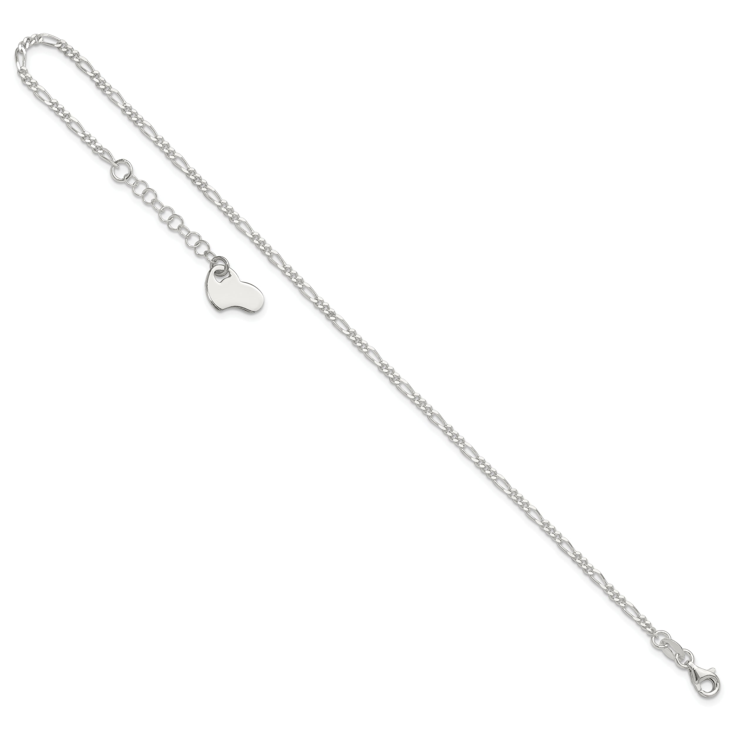 Sterling Silver Figaro with Heart Dangle 9 inch Plus 1 inch Extender - Total 10 inch Anklet
