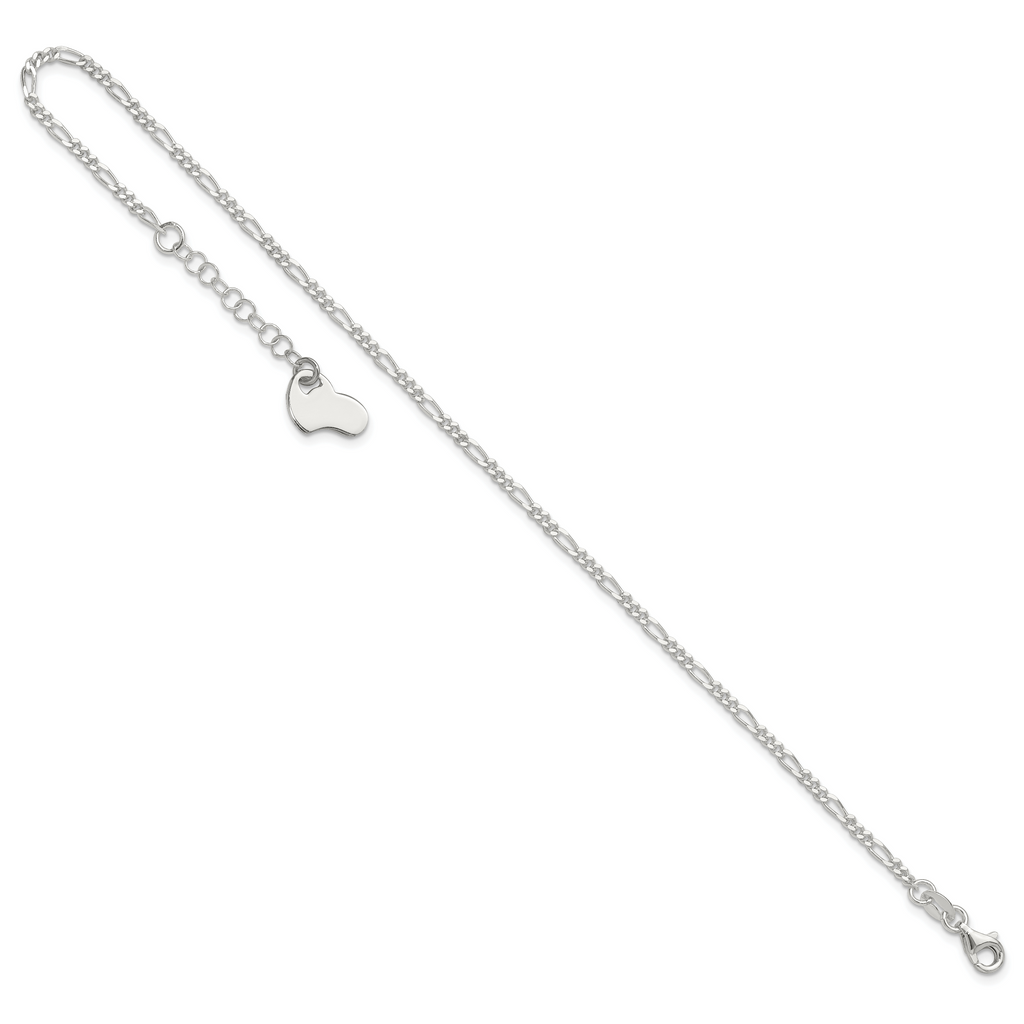 Sterling Silver Figaro with Heart Dangle 9 inch Plus 1 inch Extender - Total 10 inch Anklet