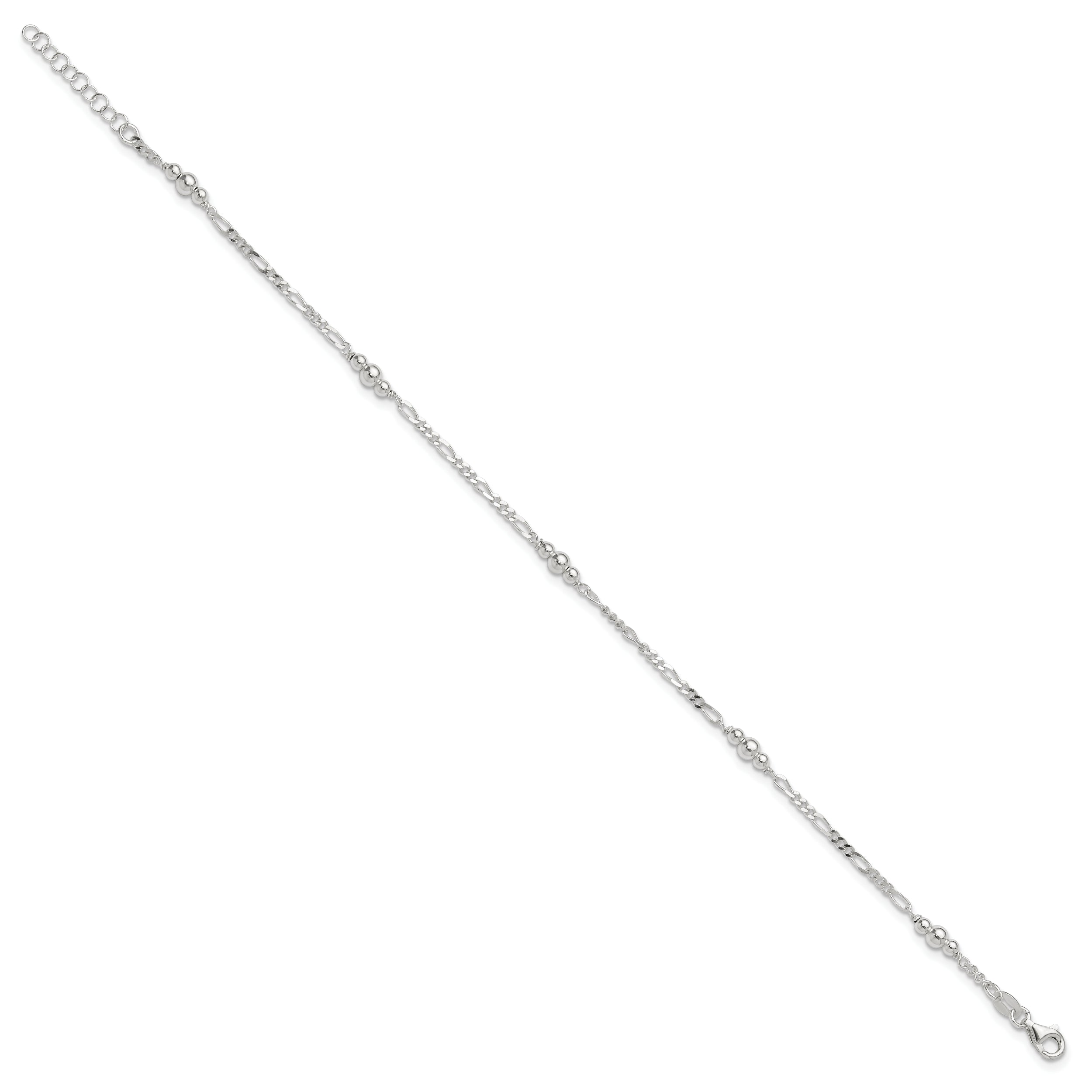 Sterling Silver Beaded Figaro 5-Station 9 inch Plus 1 inch Extender - Total 10 inch Anklet