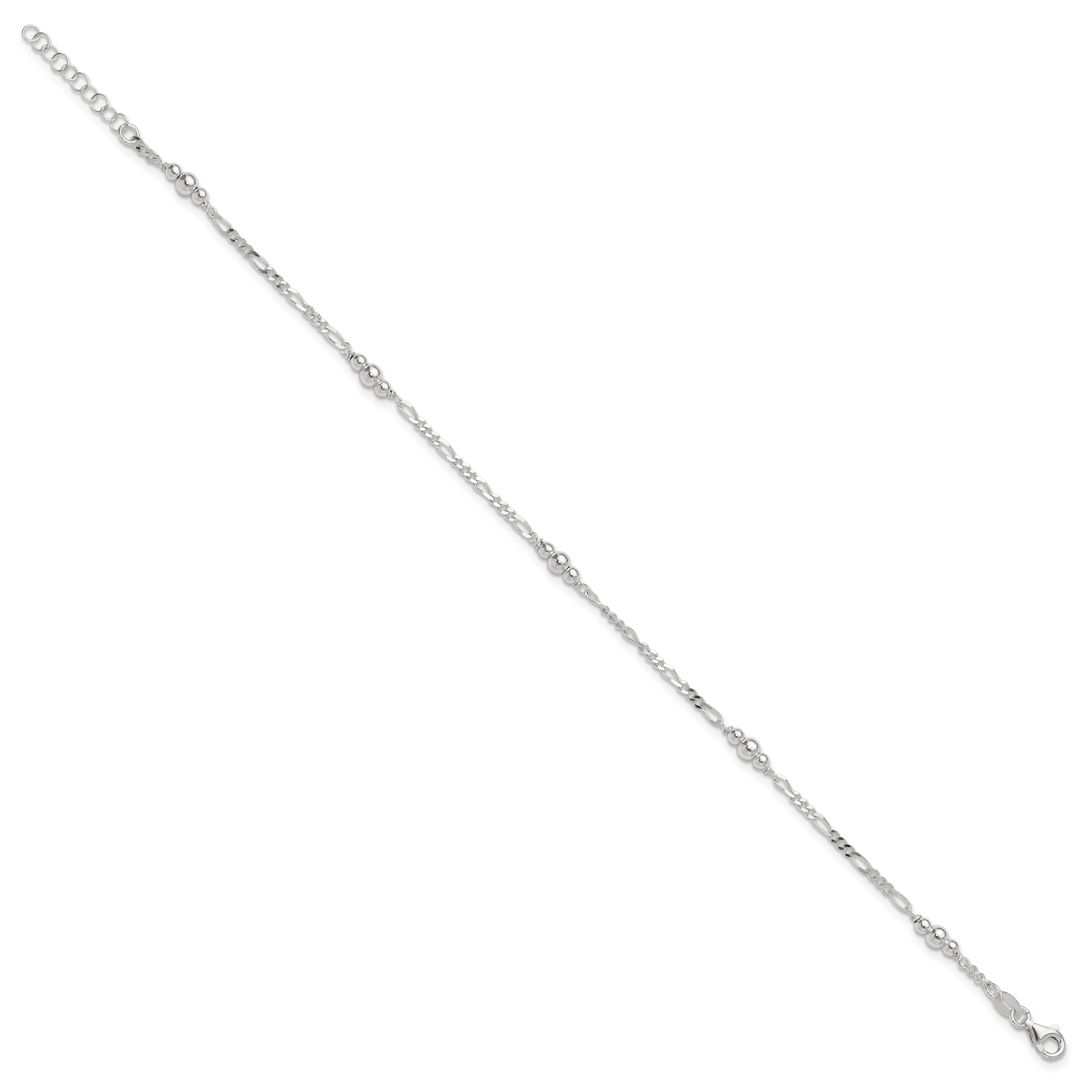 Sterling Silver Beaded Figaro 5-Station 9 inch Plus 1 inch Extender - Total 10 inch Anklet