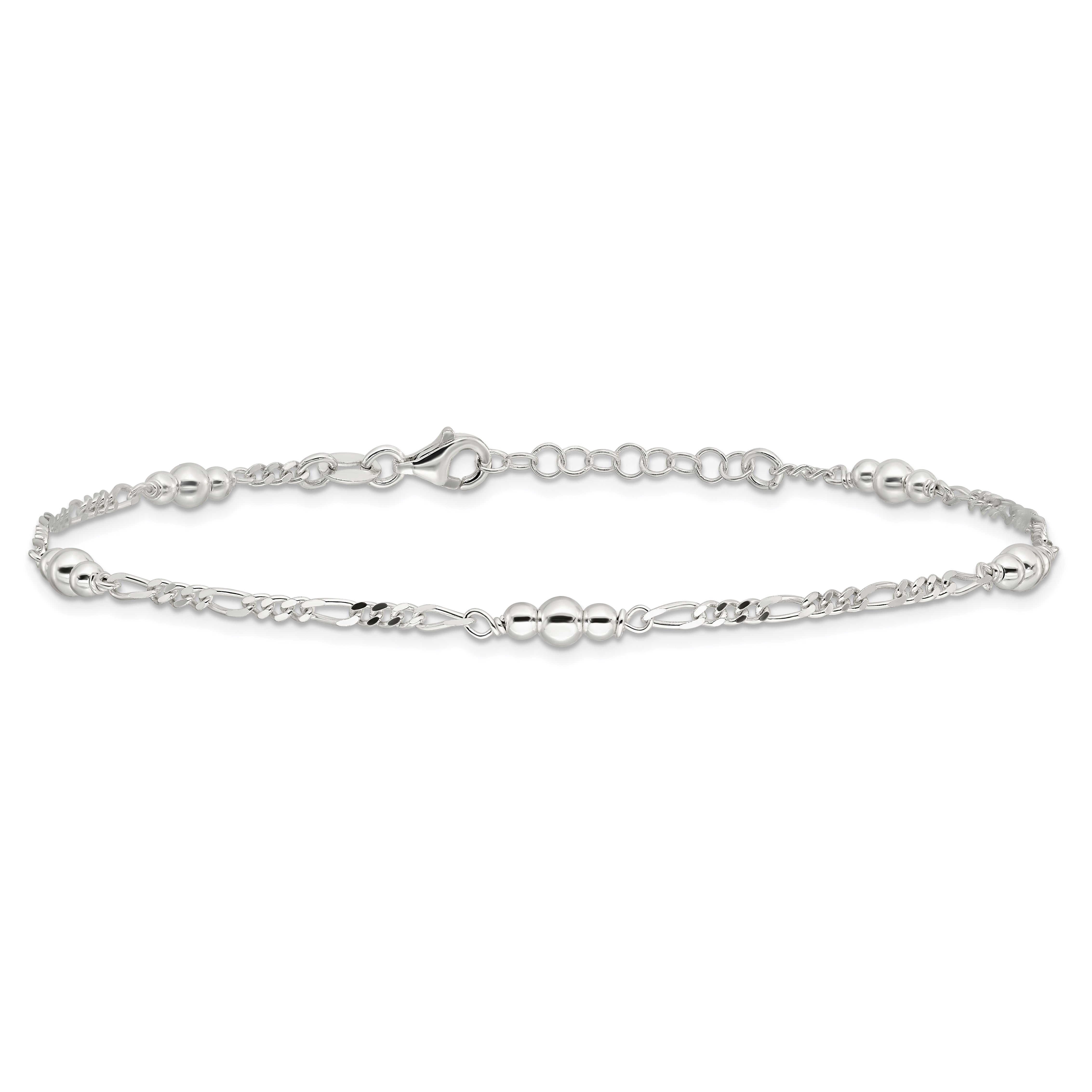 Sterling Silver Beaded Figaro 5-Station 9 inch Plus 1 inch Extender - Total 10 inch Anklet