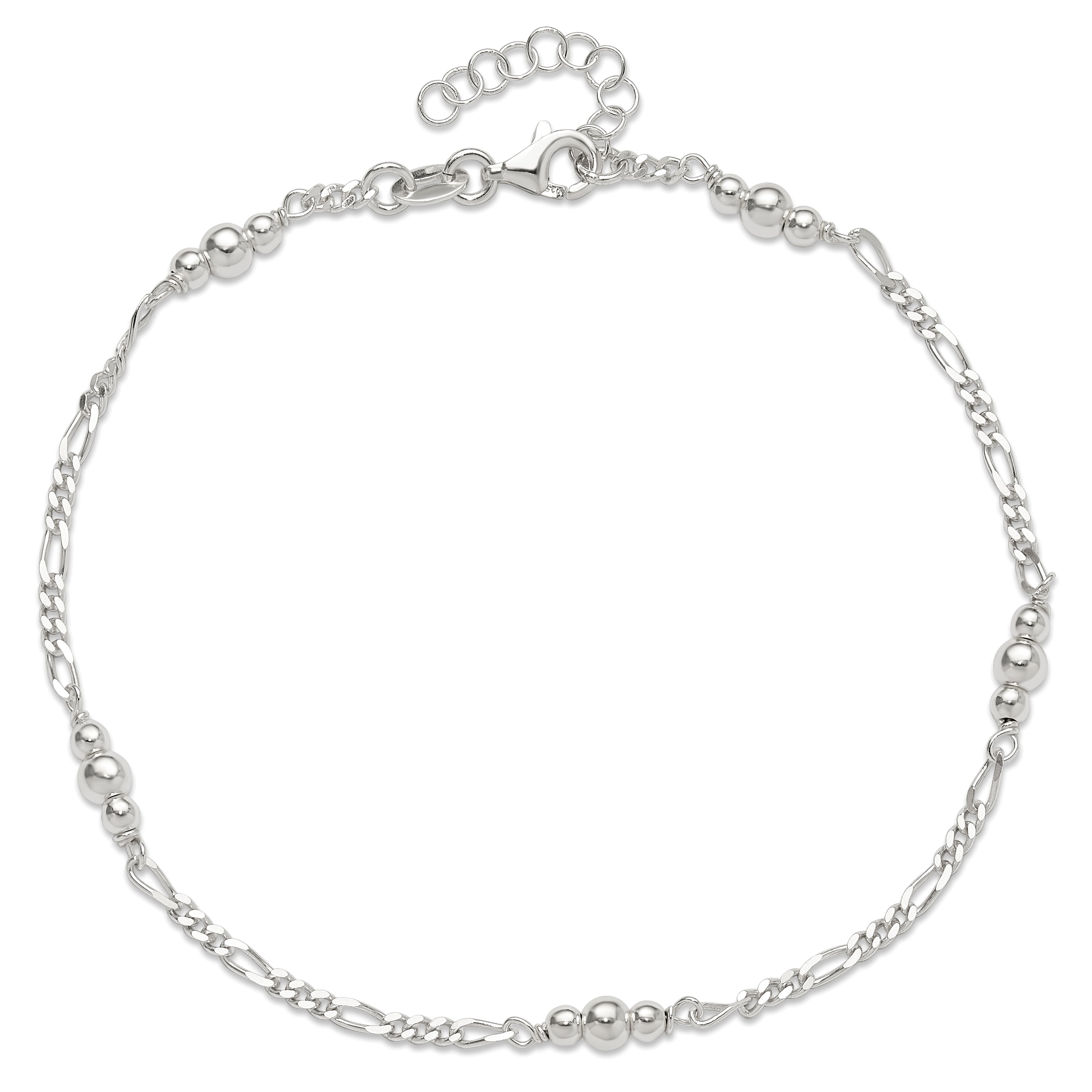 Sterling Silver Beaded Figaro 5-Station 9 inch Plus 1 inch Extender - Total 10 inch Anklet