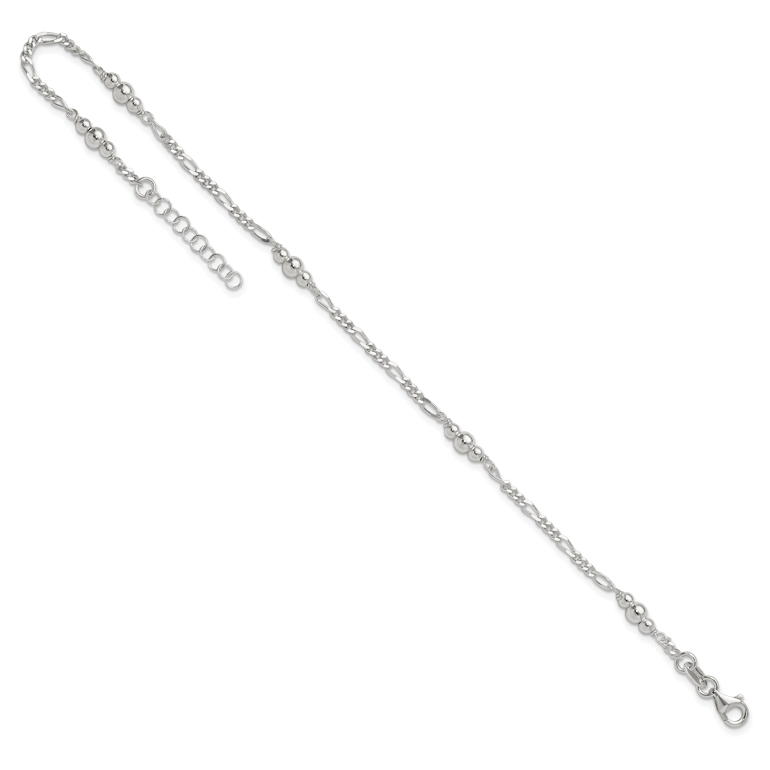 Sterling Silver Beaded Figaro 5-Station 9 inch Plus 1 inch Extender - Total 10 inch Anklet