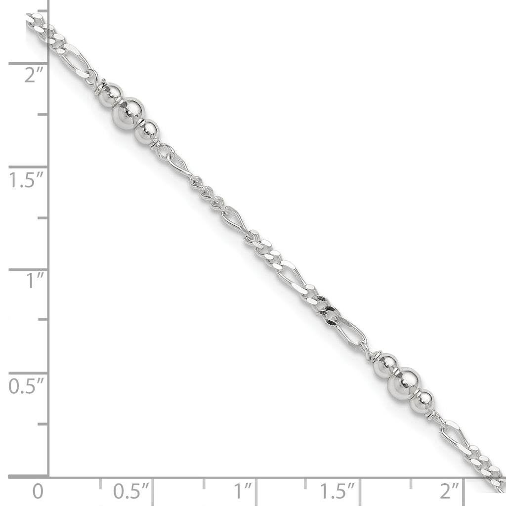 Sterling Silver Beaded Figaro 5-Station 9 inch Plus 1 inch Extender - Total 10 inch Anklet